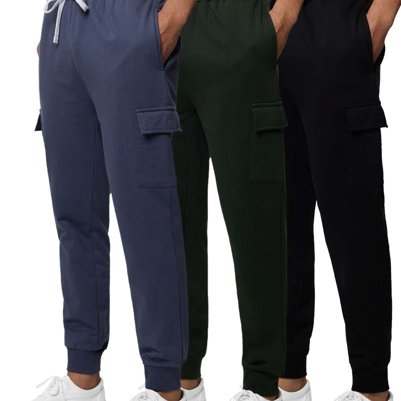 Real Essentials 3 Pack: Men's Cotton Fleece Cargo Jogger Sweatpants with Pockets