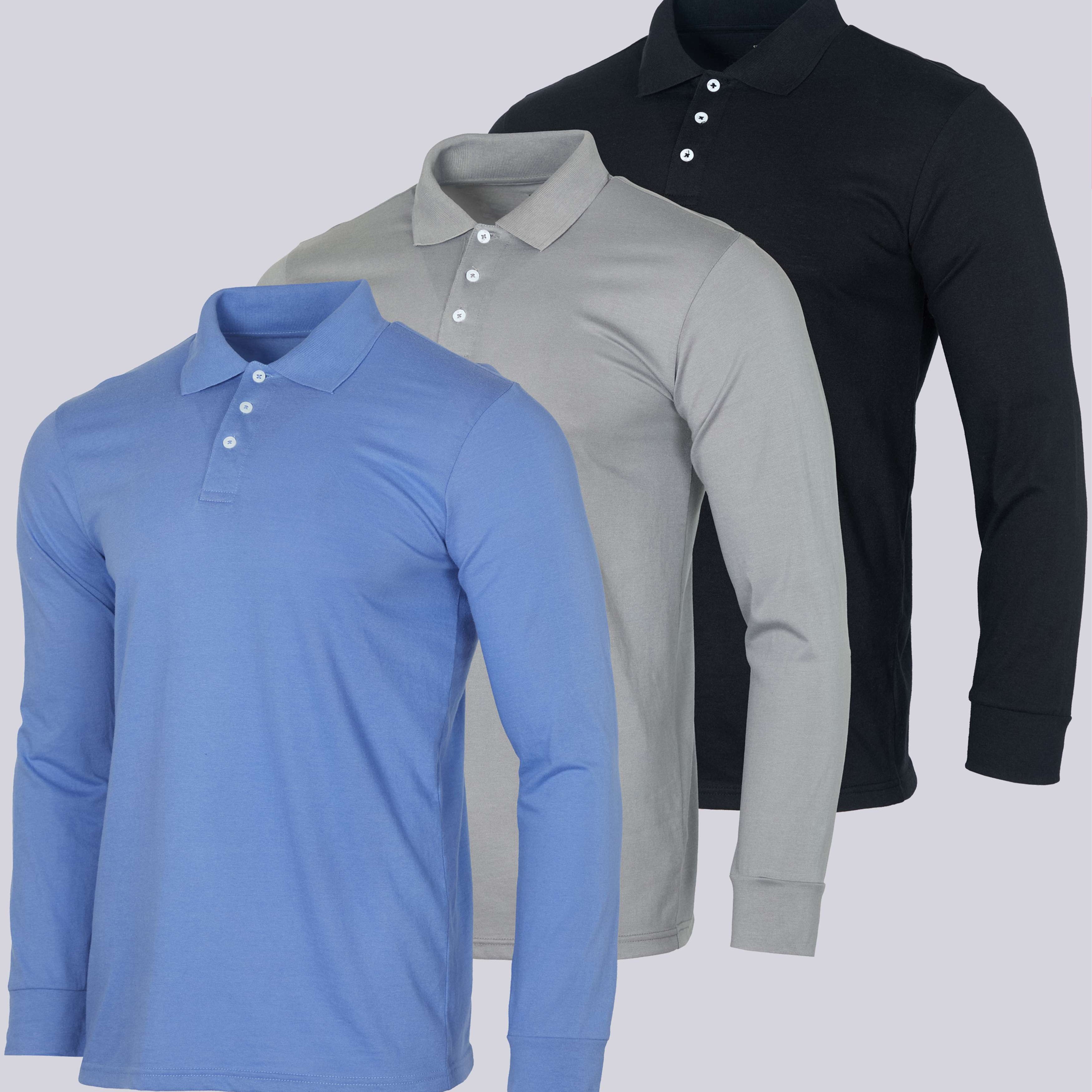 3 Pack: Men's Cotton Jersey Long-Sleeve Polo Shirt (Available in Big & Tall)