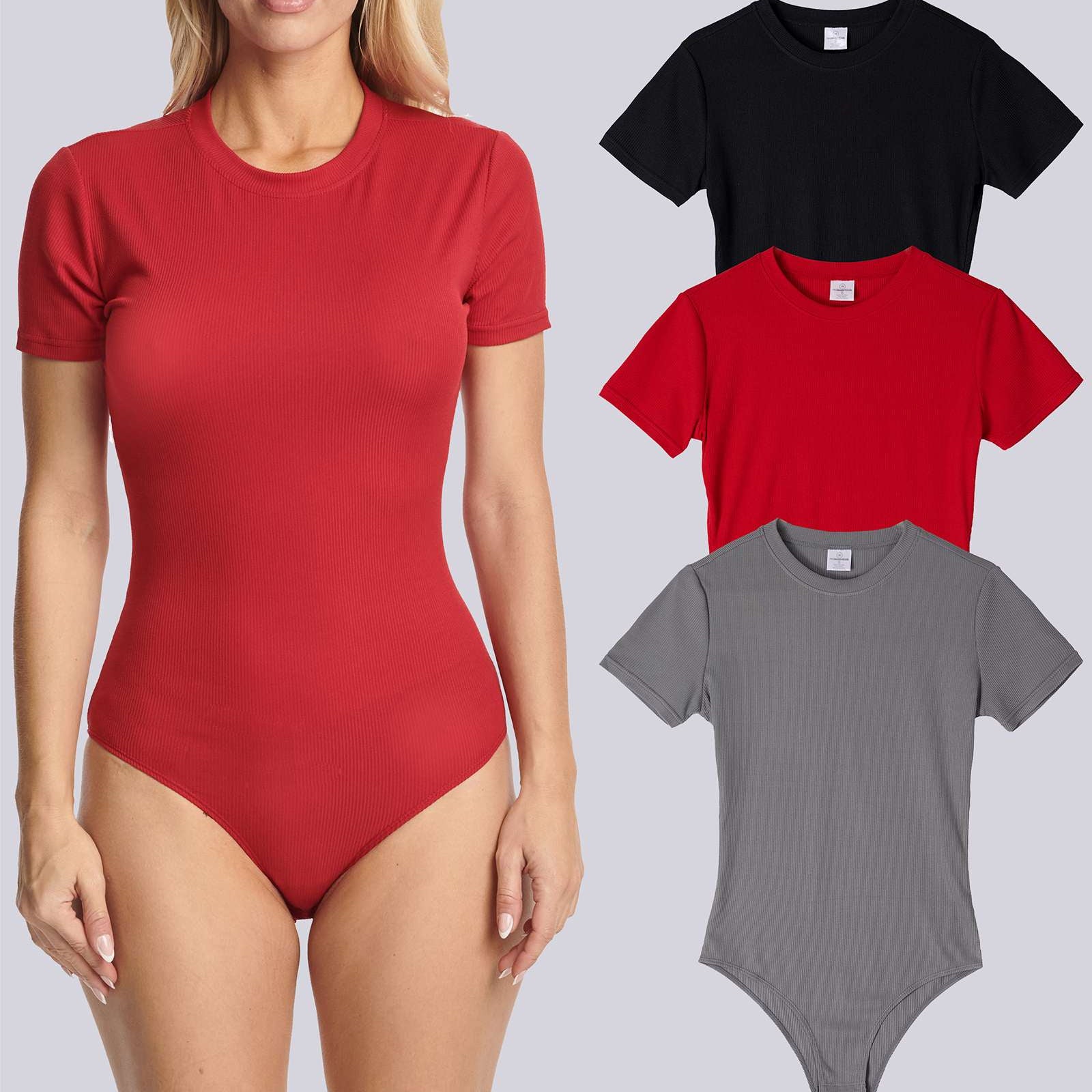 3 Pack: Women's Round Neck Short Sleeve Ribbed Shapewear Bodysuit Shirt Tops (Available in Plus Size)