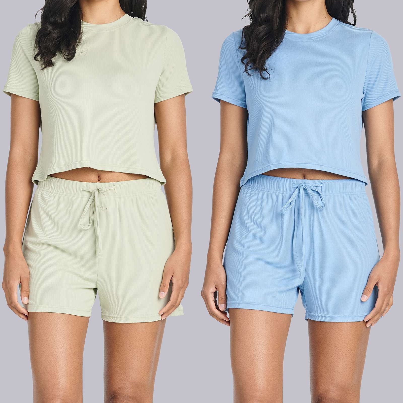 2 Pack: Women's Soft Ribbed Knit Crop Top & Short Set