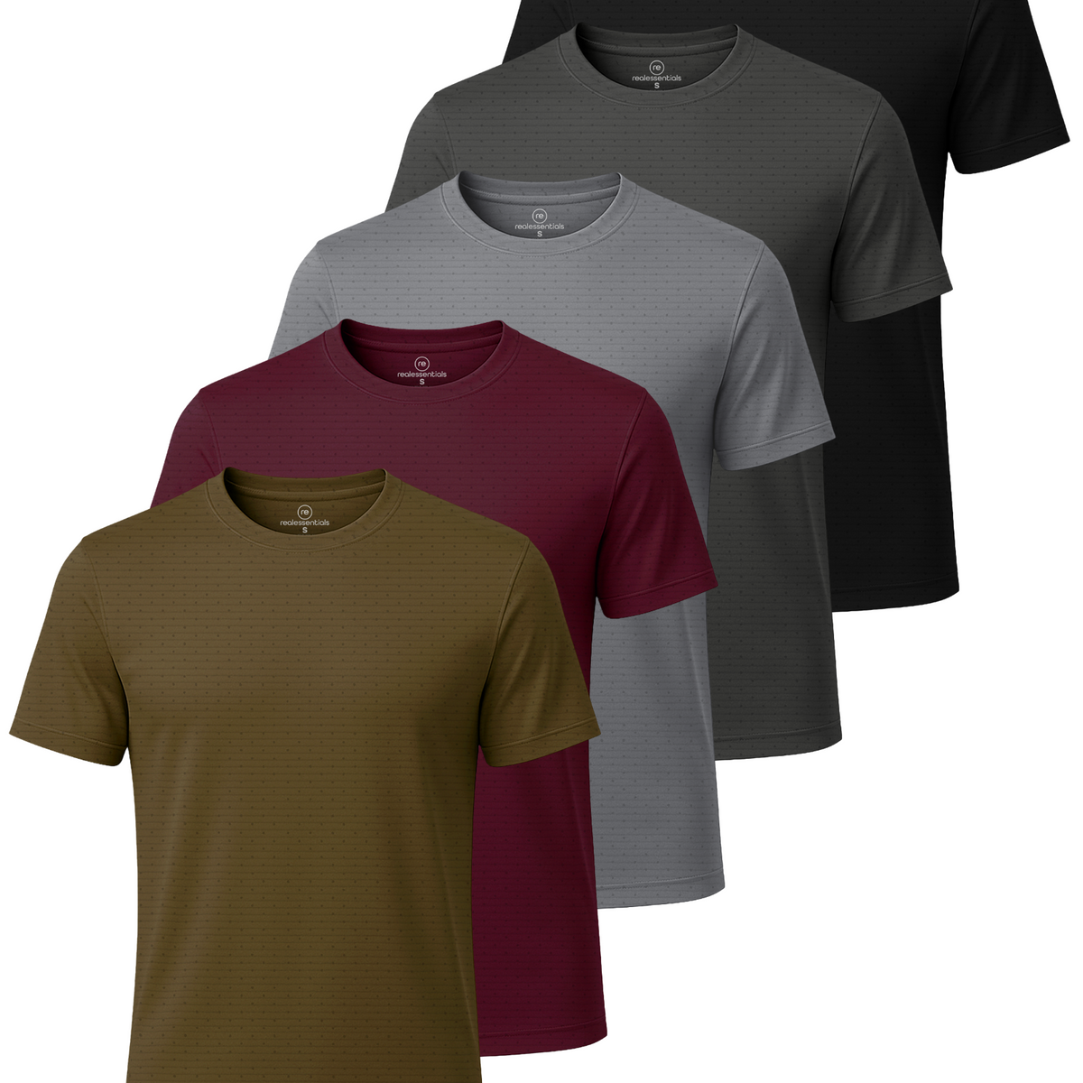 Real Essentials 5 Pack Men's Dry Fit Short Sleeve Crew T Shirts Gym Tees Athletic Workout - Solid Black, Charcoal, Solid Ultimate Grey, Burgundy, Solid Martini Olive