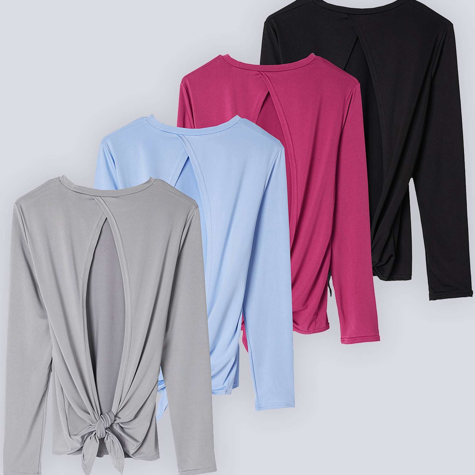4 Pack: Women's Long-Sleeve Tie Back T-Shirt (Available in Plus Size)