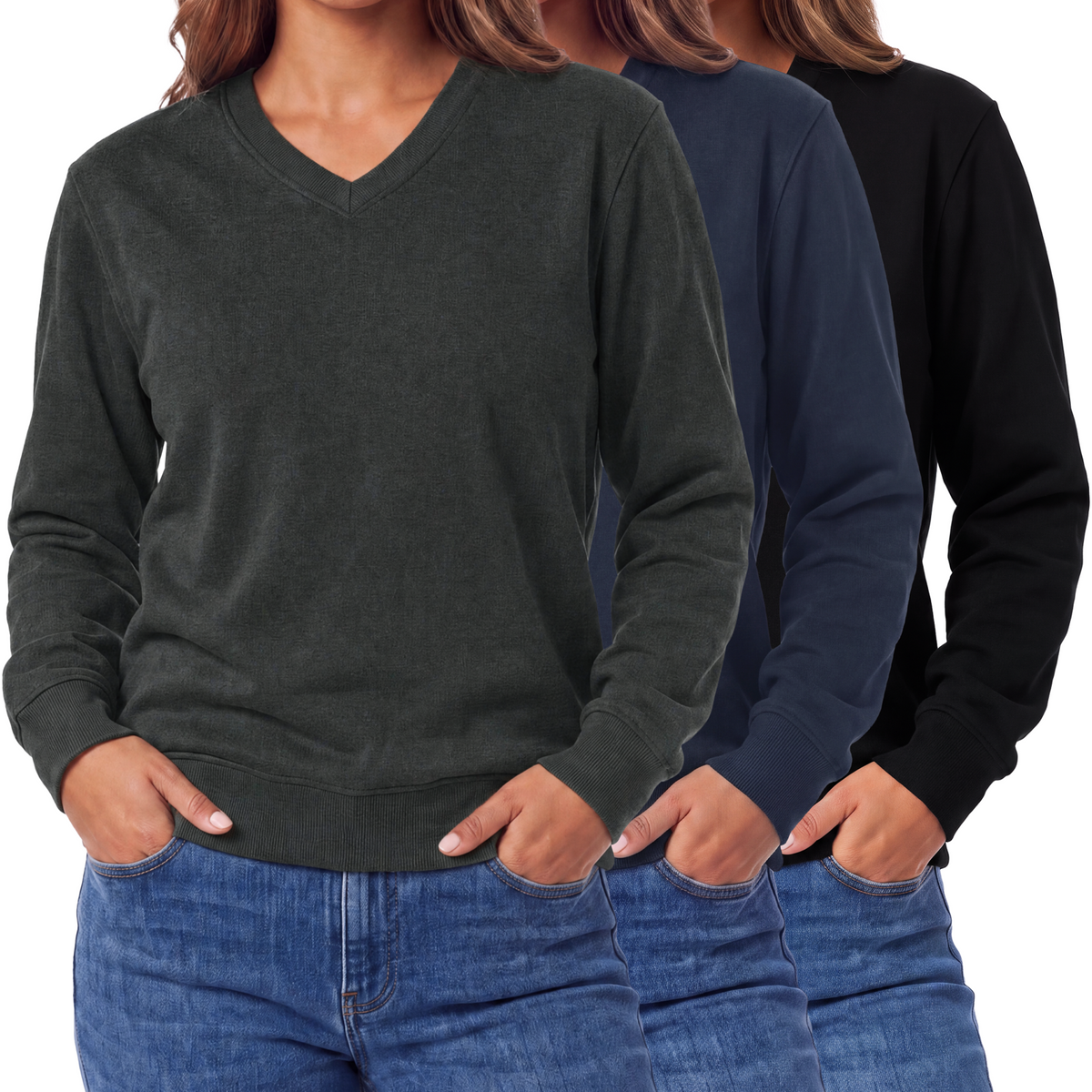 Real Essentials 3 Pack Womens Fleece V Neck Sweatshirt Pullover Sweaters Long Sleeve Top - Solid Black, Solid Navy Blazer, Charcoal Heather