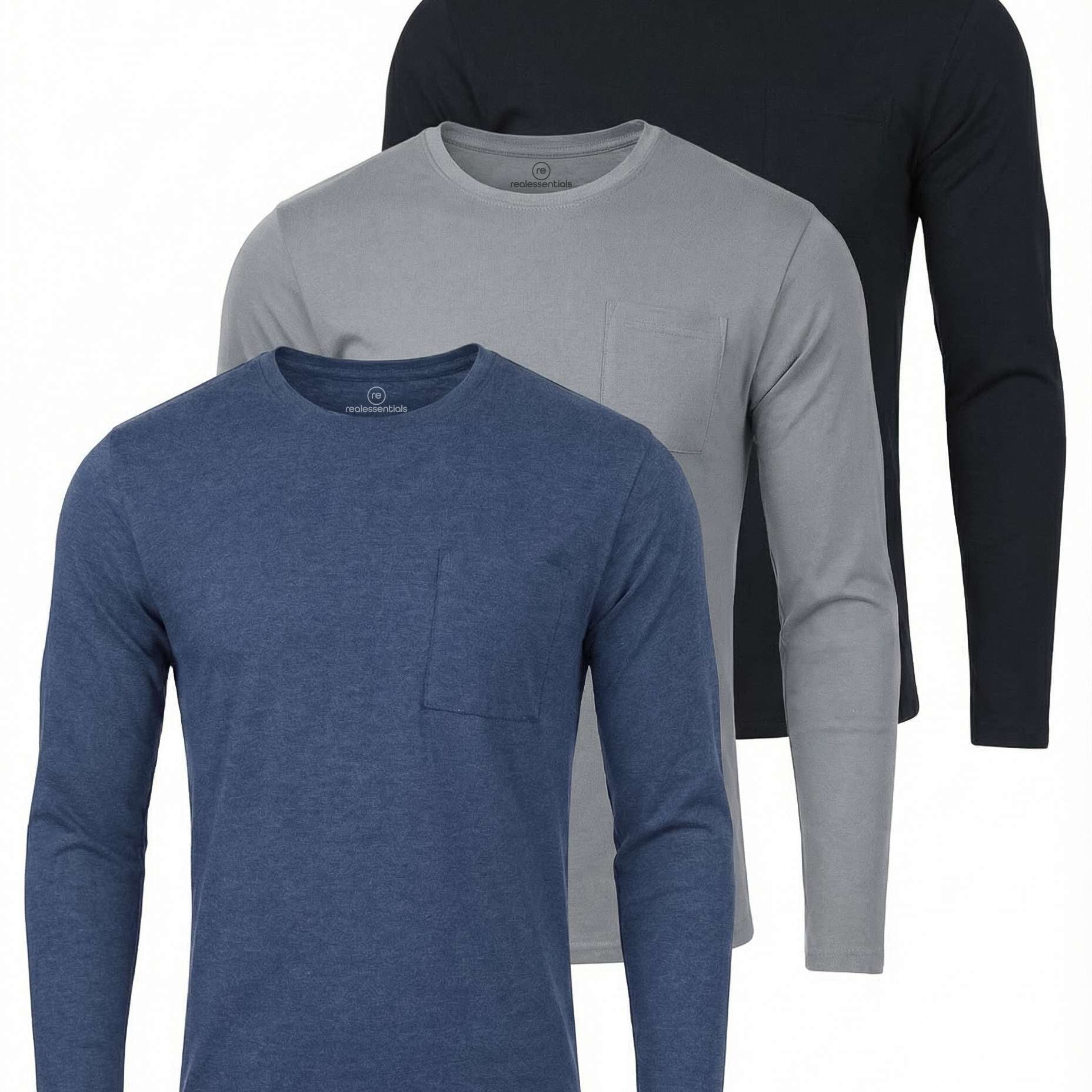 3 Pack: Mens Cotton Long Sleeve Crew Neck Pocket T-Shirt