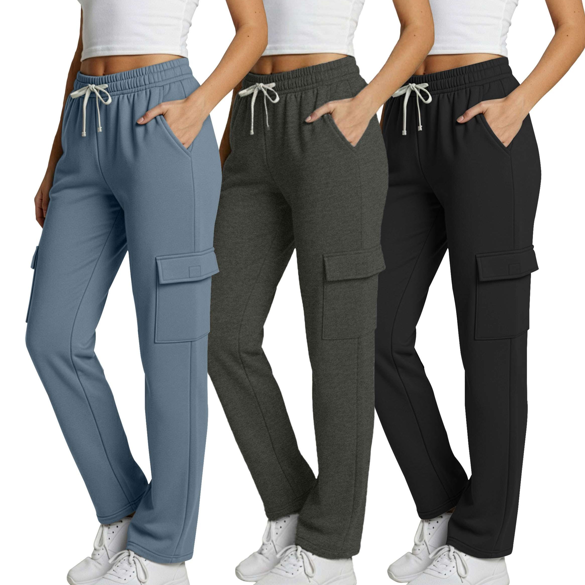 Real Essentials 3 Pack: Women's Fleece Cargo Sweatpants, Open Bottom Lounge & Athletic Casual Pants with Pockets