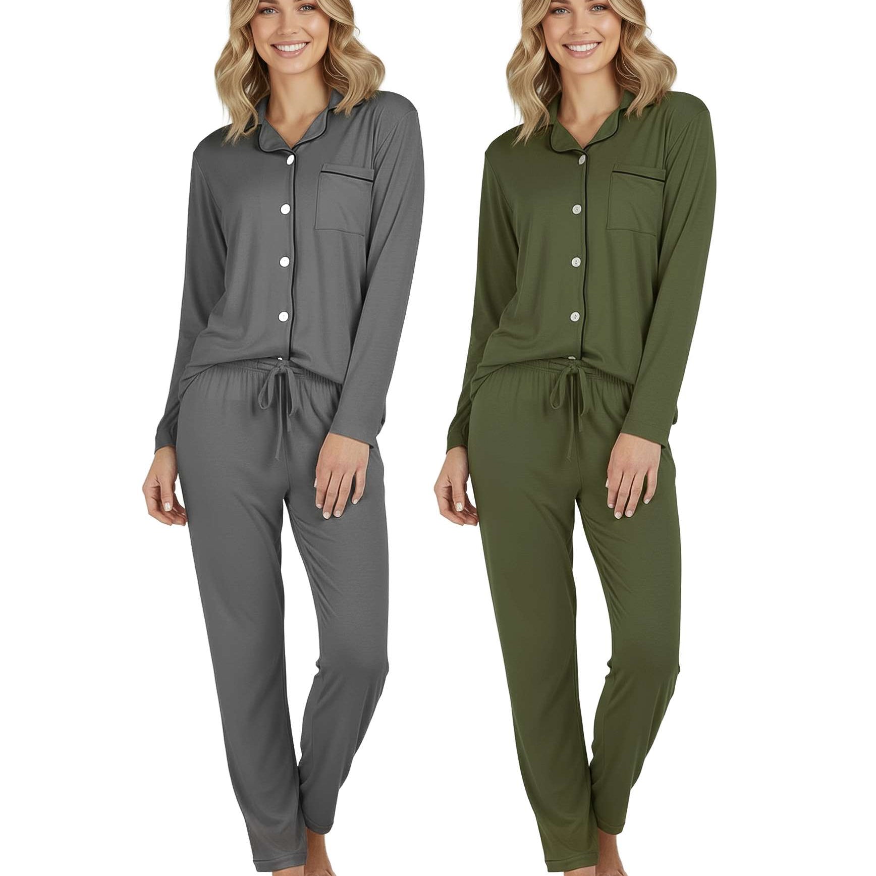 4 Piece: Women’s Long Sleeve Button Down Pajama Set