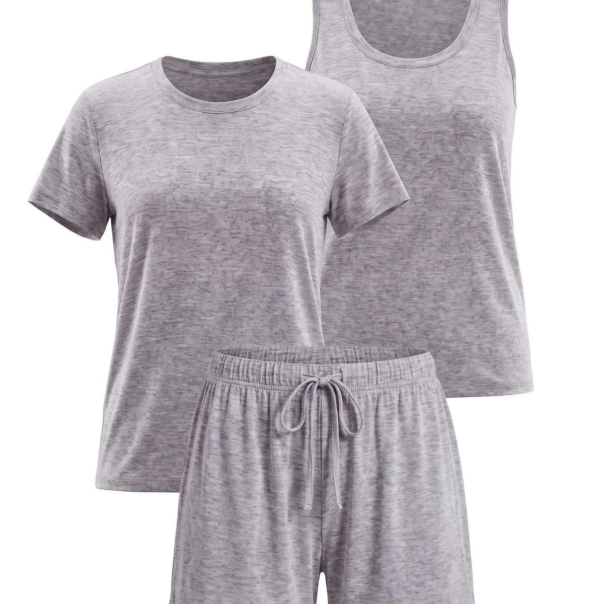 Real Essentials 3 Pack Women's Pajama Sets 3 Piece Crew Tee Tank Top Sleep Shorts Sleepwear - Grey Heather