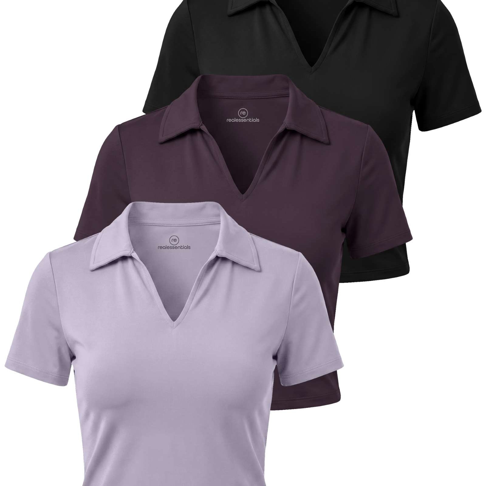 Real Essentials 3 Pack: Women's V Neck Crop Polo Shirts - Short Sleeve Sweater Dry Fit Golf Athletic Workout Collared Tops