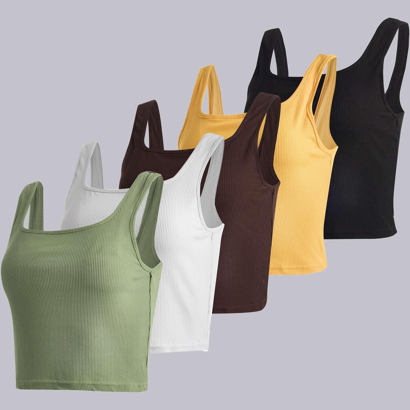 Real Essentials 5 Pack: Women's Soft Knit Ribbed Square Neck Cropped Tank Top - Sleeveless Crop Tops