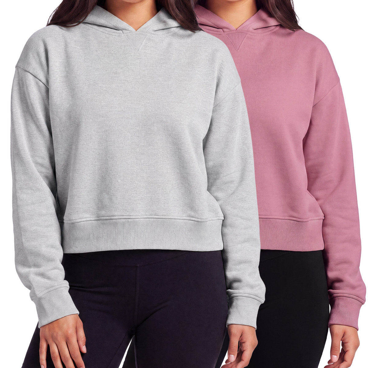 Real Essentials 2 Pack Women's Cropped Hoodies Crop Sweatshirt Ladies Fleece Pullover Top - Grey Heather, Solid Cashmere Rose