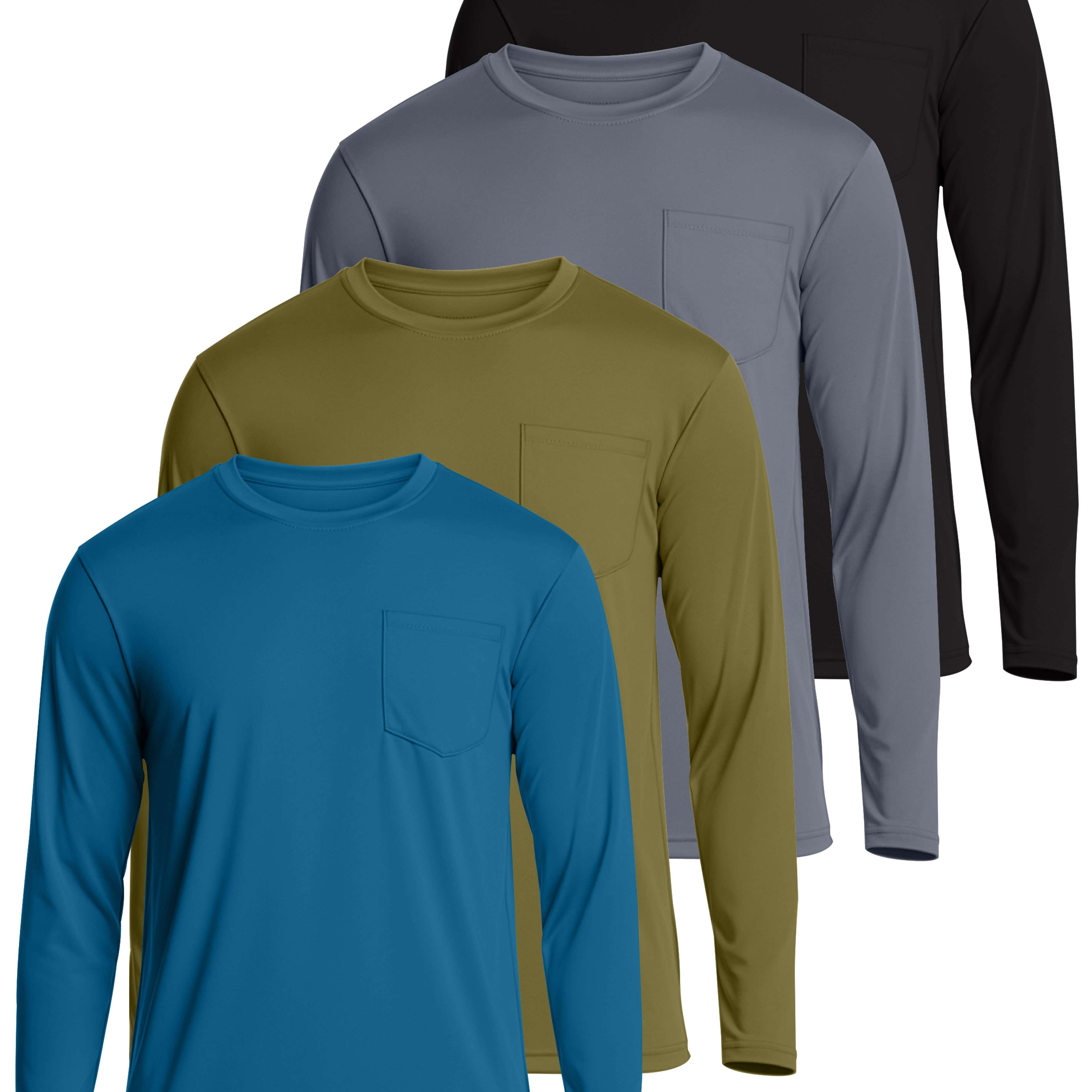 4 Pack: Mens Dry-Fit Long Sleeve Pocket Crew T-Shirt