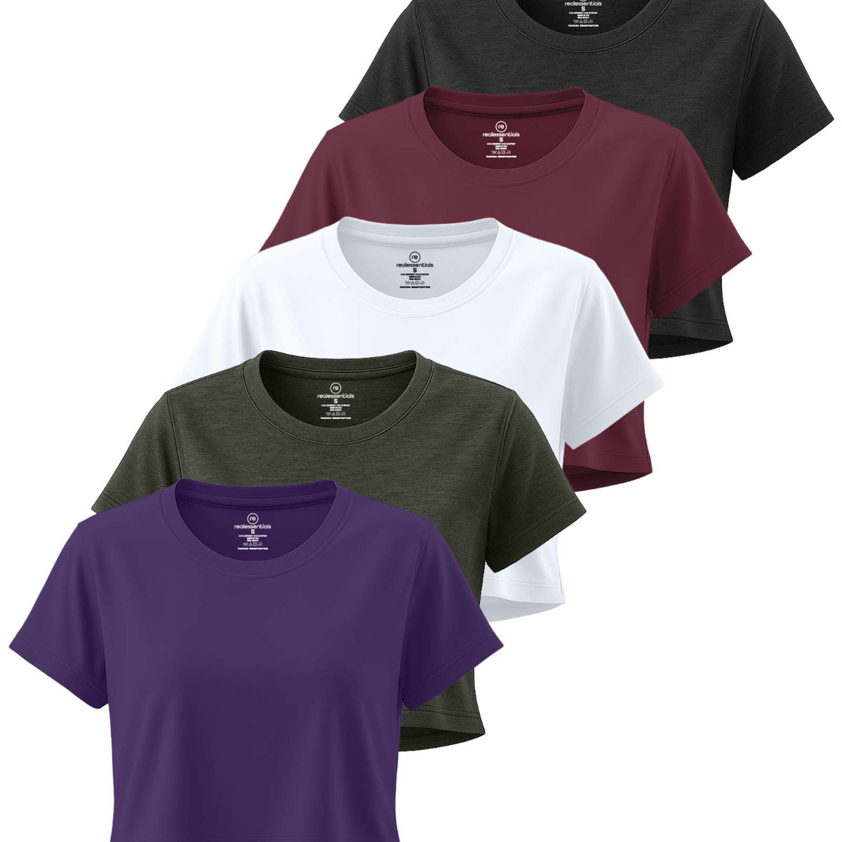 Real Essentials 5 Pack Women's Dry Fit Crop Top Workout T Shirts Short Sleeve Athletic Gym - Set 5