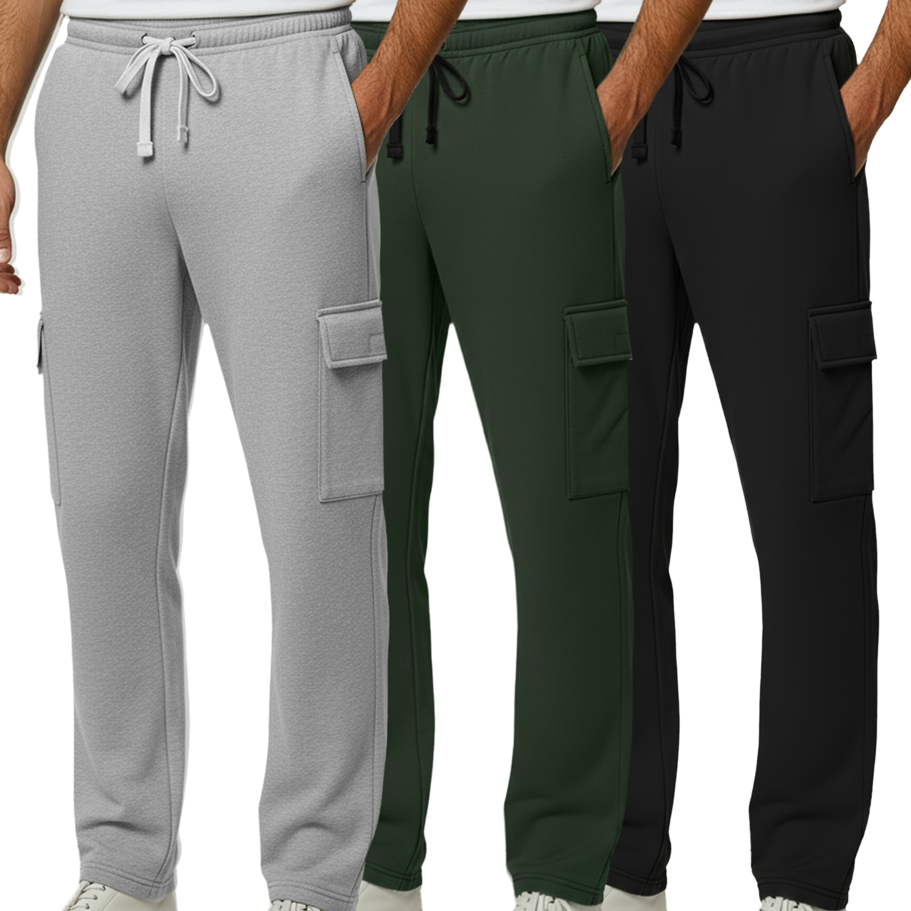 3 Pack: Mens Fleece Cargo Open Bottom Sweatpants