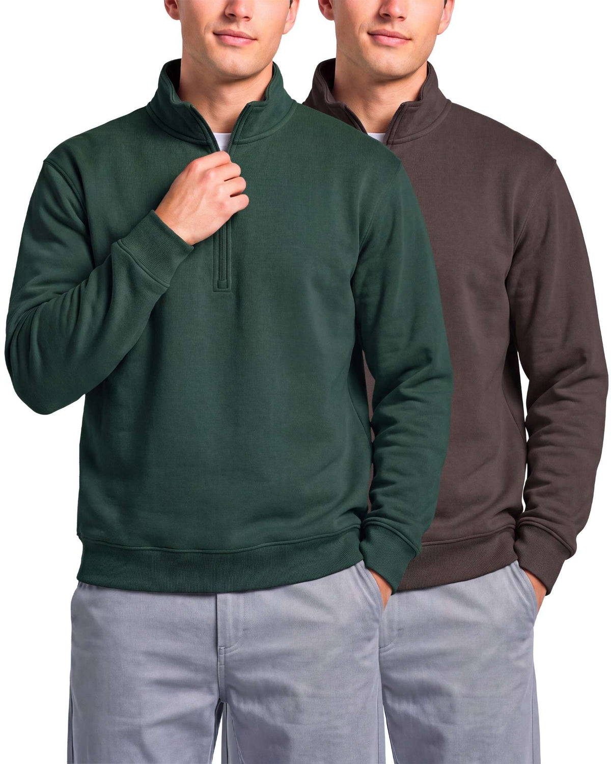 Real Essentials 2 Pack Mens Fleece Sweatshirt Sweater Half Zip Pullover Long Sleeve Casual - Solid Chocolate Torte, Solid Pine Grove