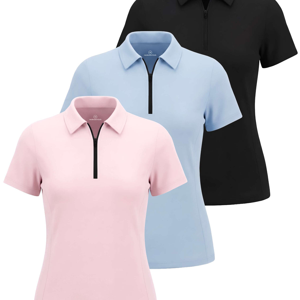 Real Essentials 3 Pack Women's Dry Fit Golf Polo Shirts with Zipper Short Sleeve Collared - Solid Black, Solid Ballad Blue, Solid Pale Lilac