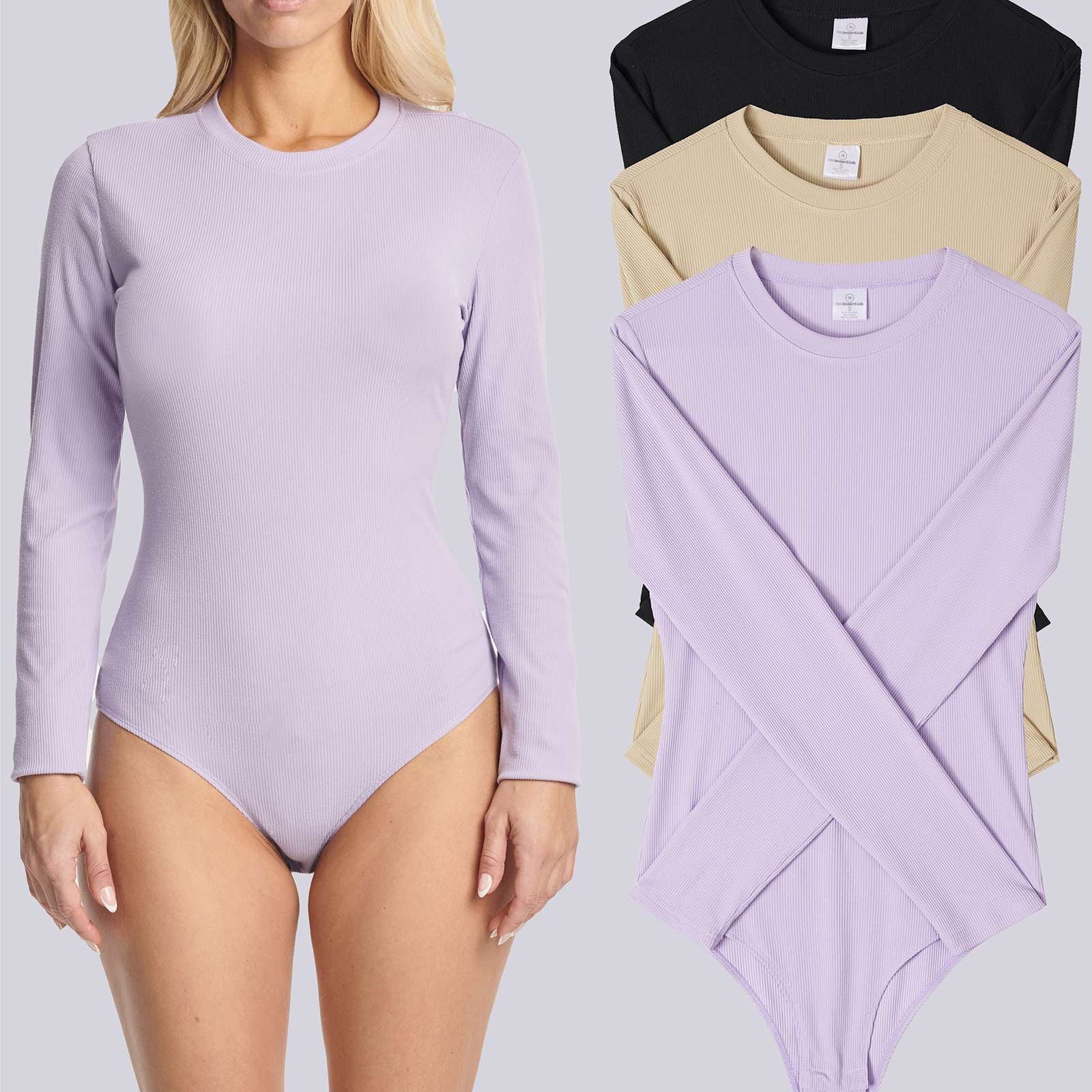 3 Pack: Women's Long Sleeve Ribbed Bodysuit