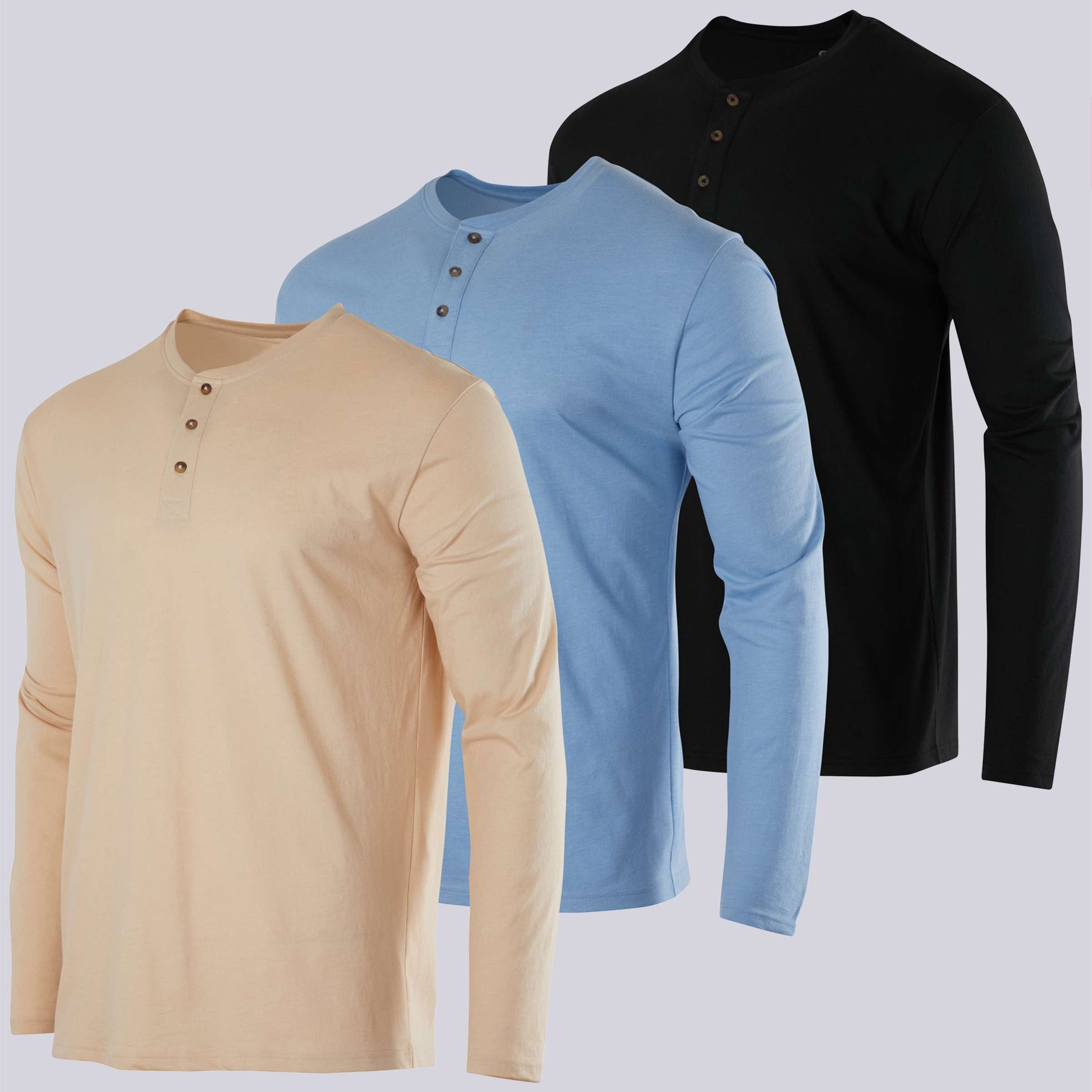 3 Pack: Mens Long Sleeve Cotton Henley T-Shirt