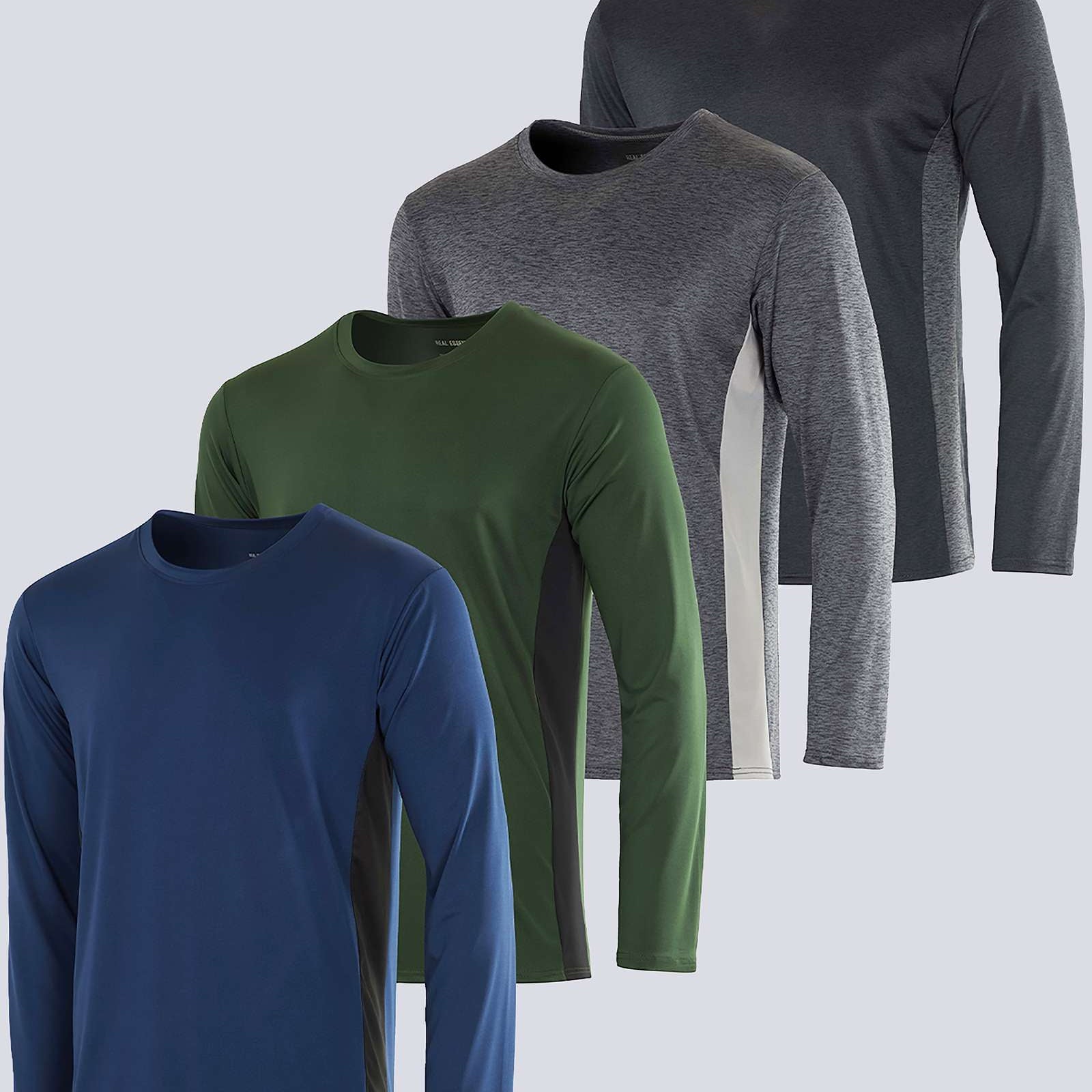 Real Essentials 4 Pack: Men's Dry-Fit UV Moisture Wicking UPF 50+ SPF Sun Protective Fishing Hiking Swim Long Sleeve Shirt