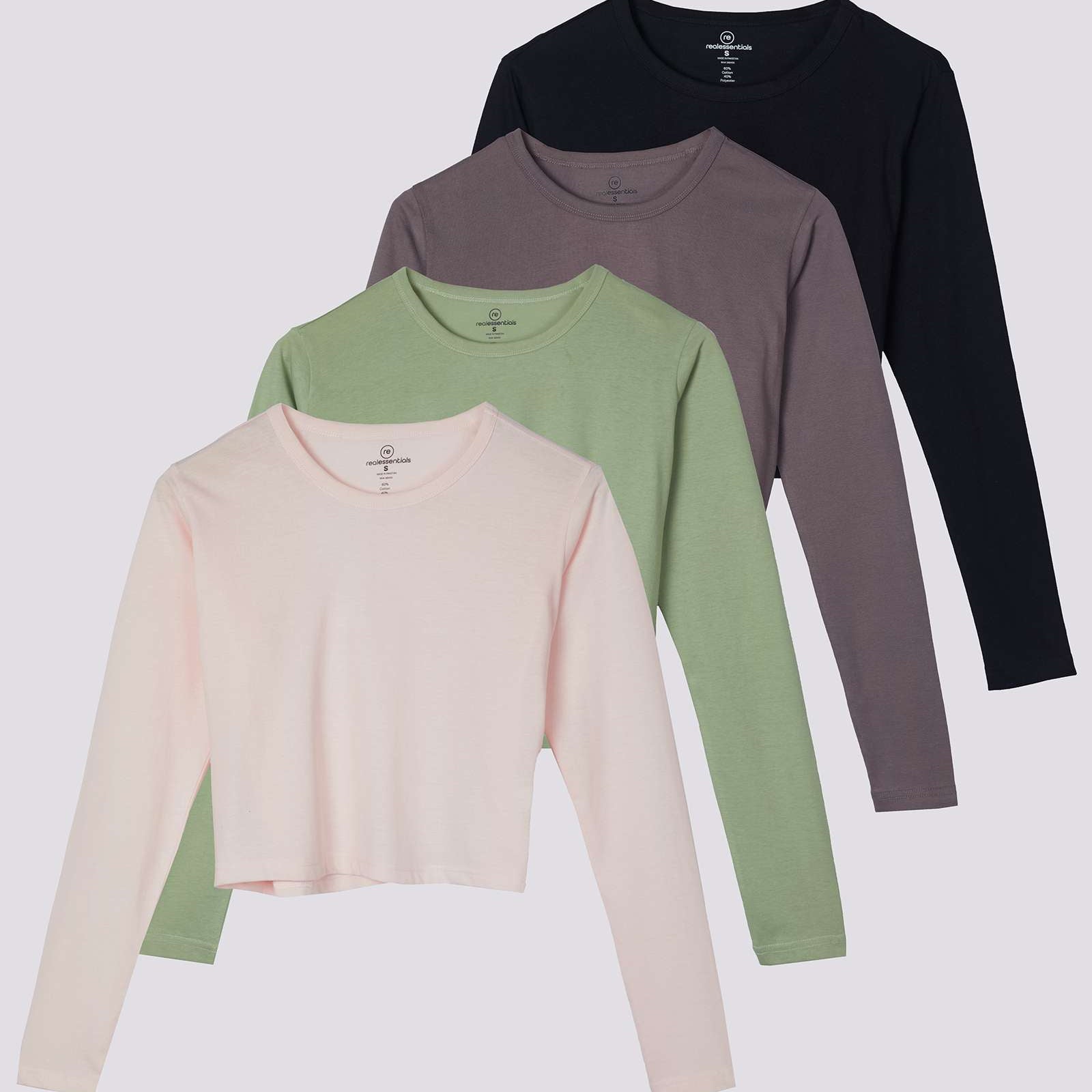 4 Pack: Women's Long Sleeve Crew Crop Top ( Available in Plus Size)