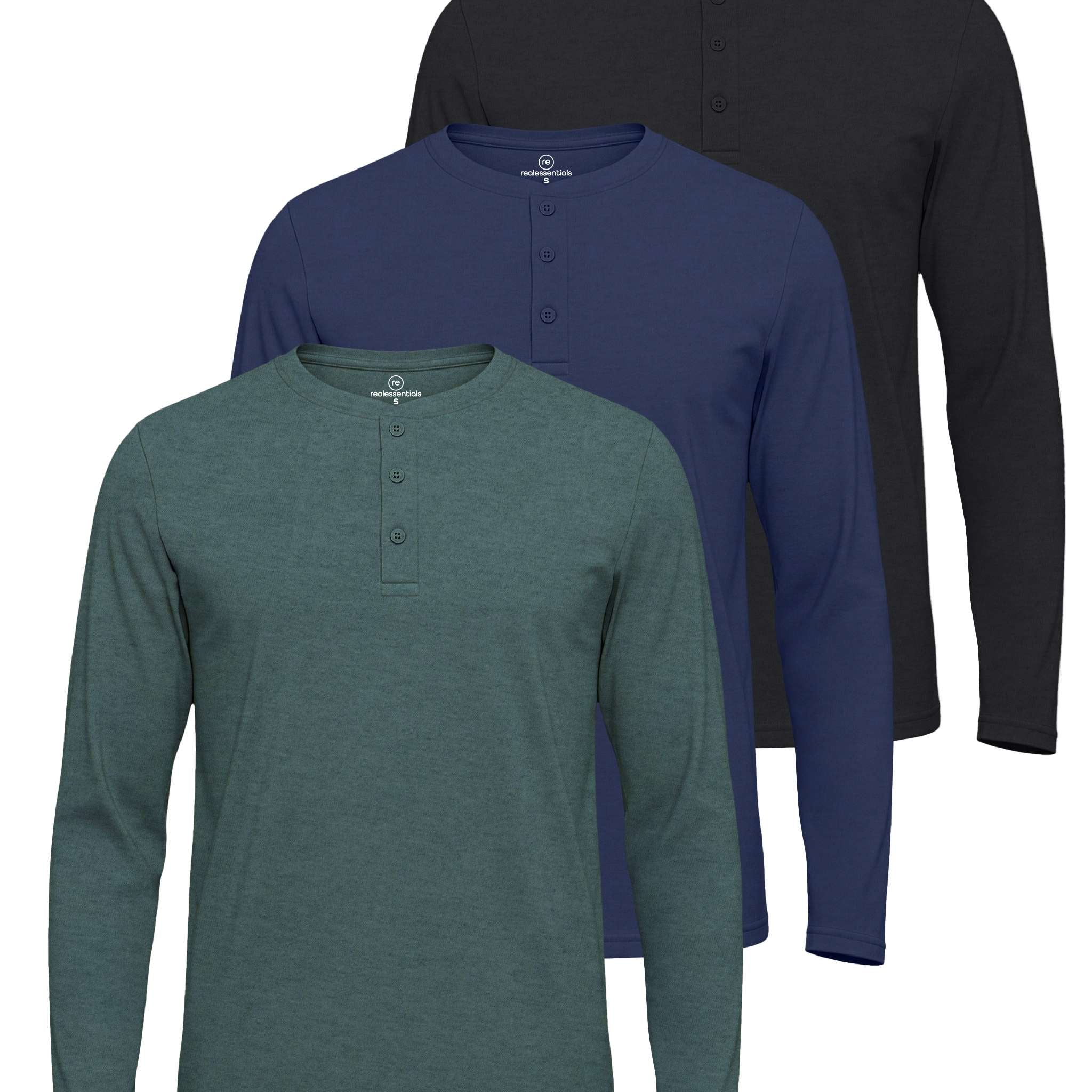 3 Pack: Mens Long Sleeve Cotton Henley T-Shirt