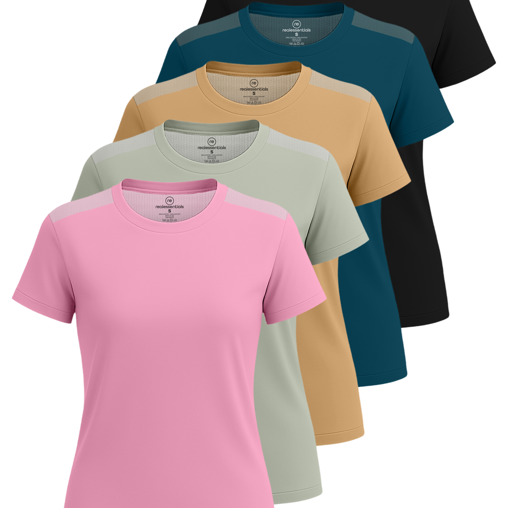 Real Essentials 5 Pack: Women's Short Sleeve Mesh Insert T-Shirts Athletic Tops Gym Workout Yoga Tennis Activewear (Plus)