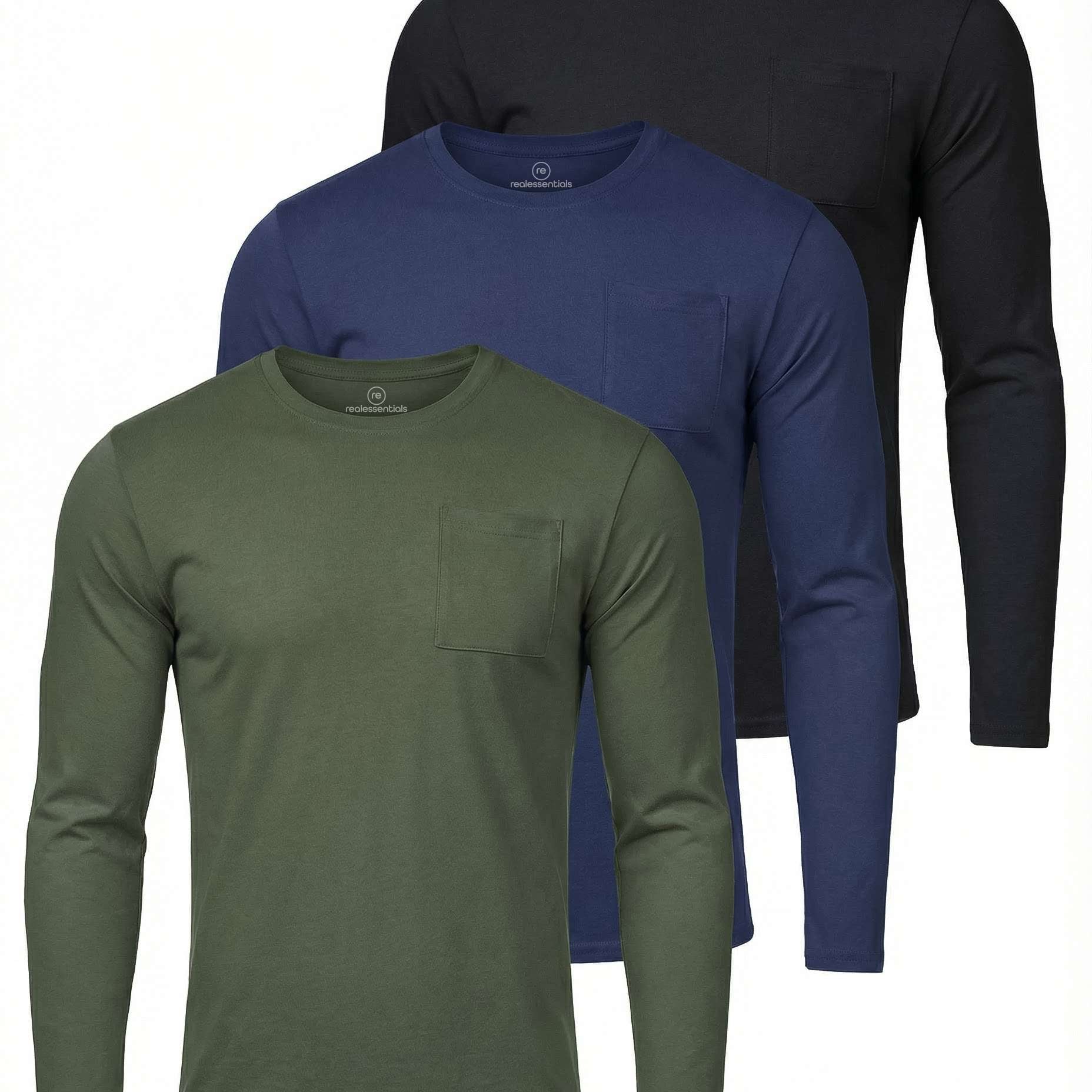 3 Pack: Mens Cotton Long Sleeve Crew Neck Pocket T-Shirt