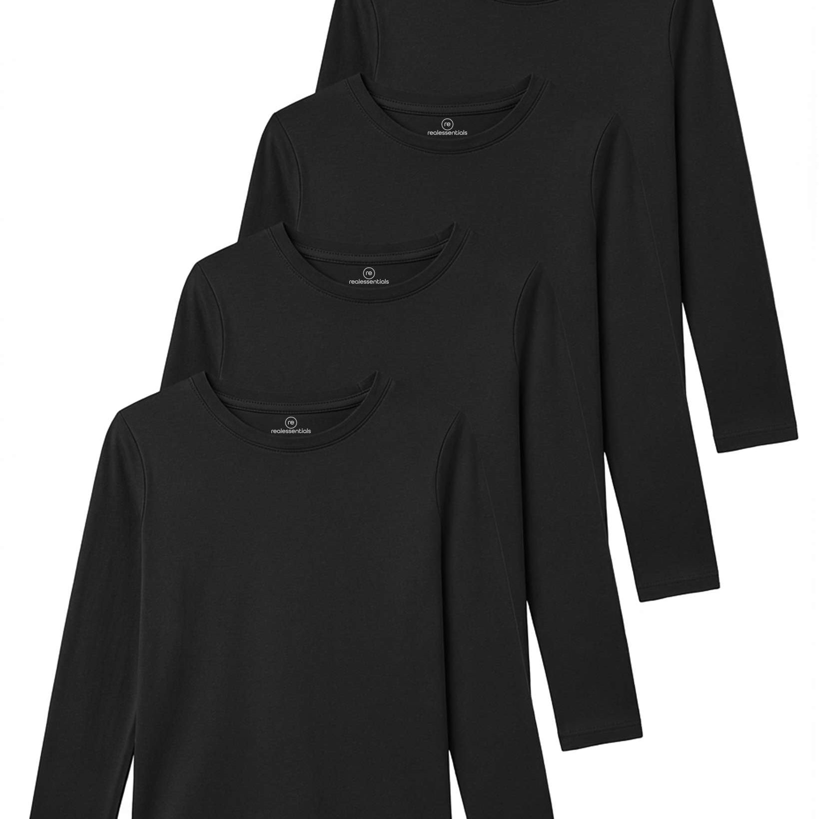 4 Pack: Girls Cotton Long Sleeve T Shirts Teens Tops Athletic Tee Plain Basic Multipack Youth Kids