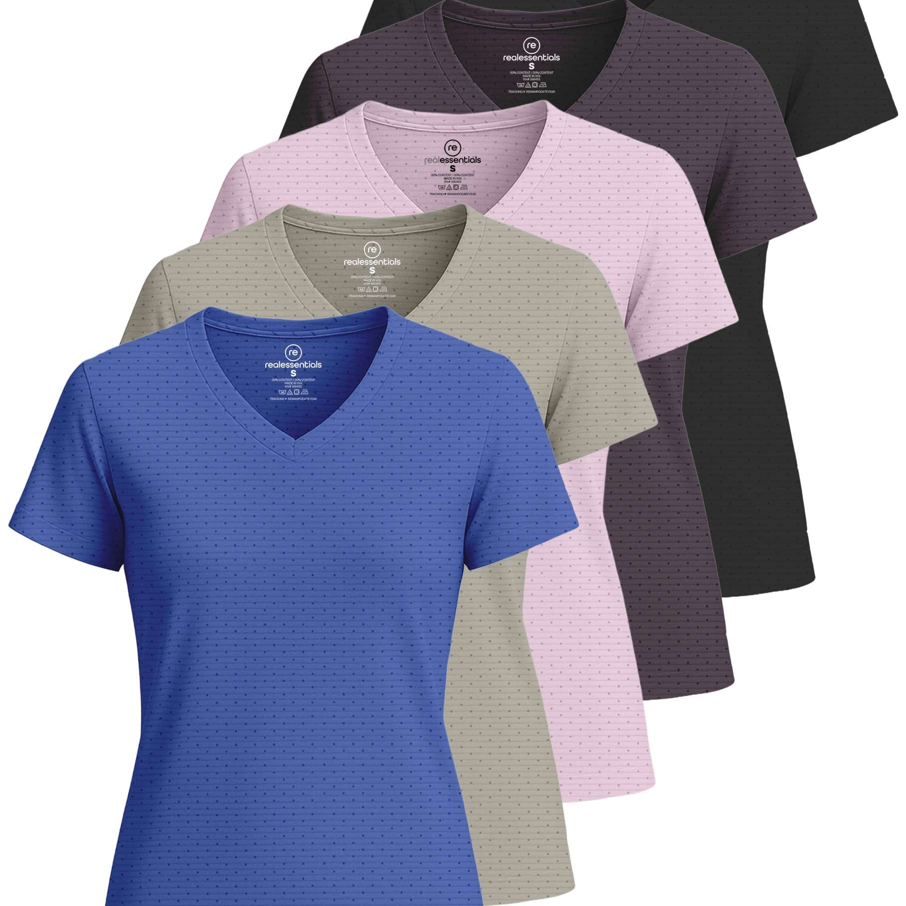 Real Essentials 5 Pack: Women's Short Sleeve Breeze Tech V-Neck T Shirt –Workout Top Wicking Dry Fit Athletic Tee (Plus)