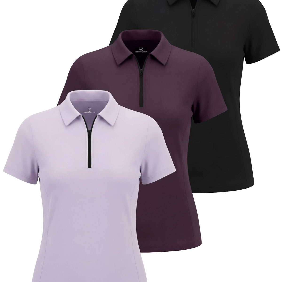 Real Essentials 3 Pack Women's Dry Fit Golf Polo Shirts with Zipper Short Sleeve Collared - Solid Black, Solid Plum Perfect, Solid Orchid Petal