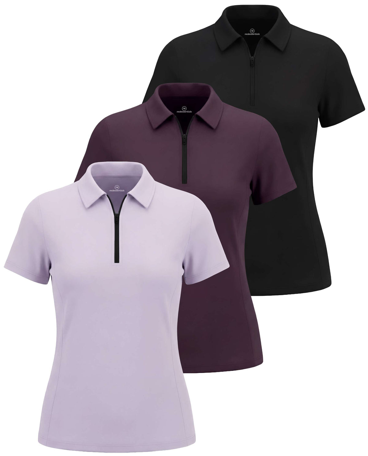 Real Essentials 3 Pack Women's Dry Fit Golf Polo Shirts with Zipper Short Sleeve Collared - Solid Black, Solid Plum Perfect, Solid Orchid Petal