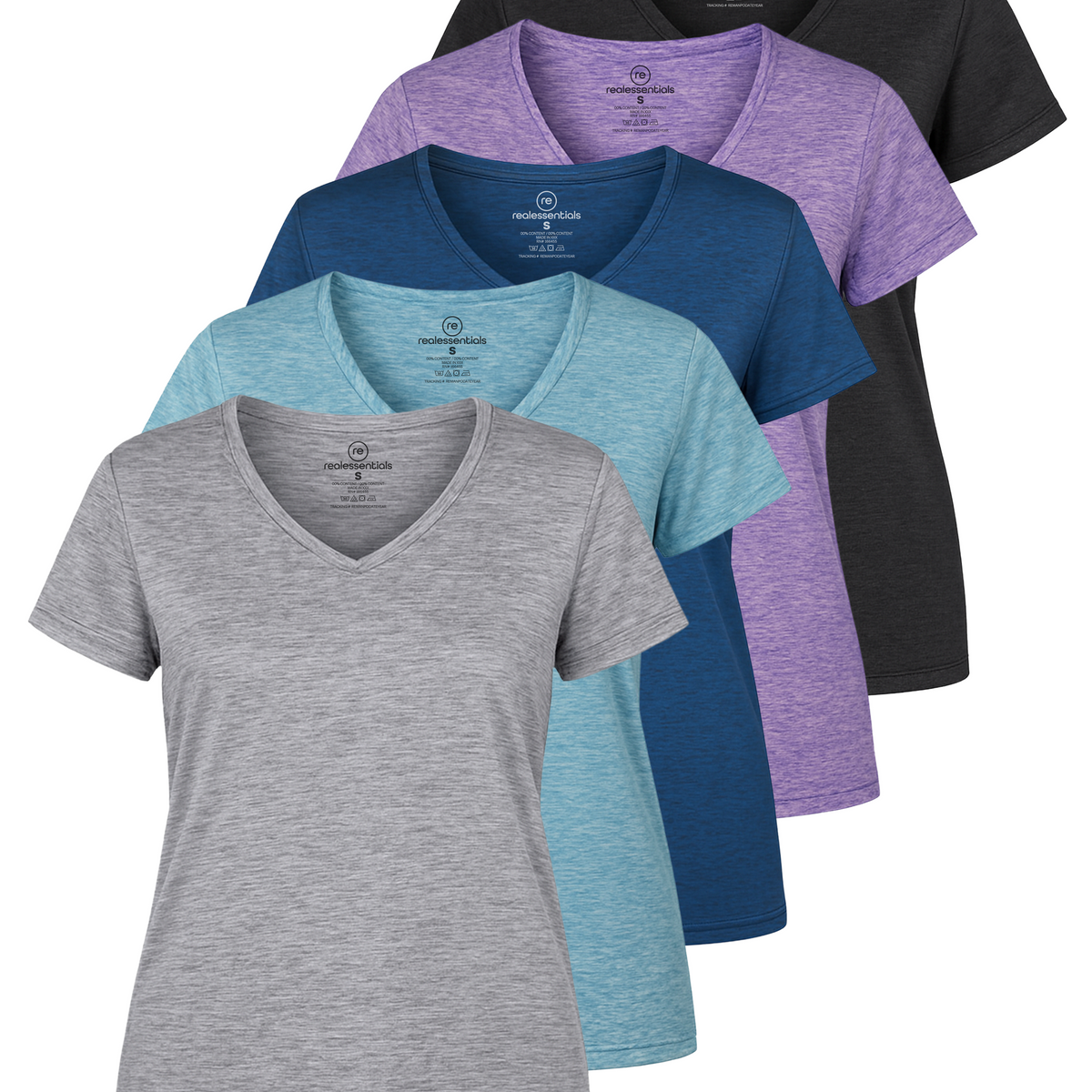 Real Essentials 5 Pack Womens Dry Fit V Neck Workout Tops Athletic T Shirts Gym Yoga Tees - Set 1