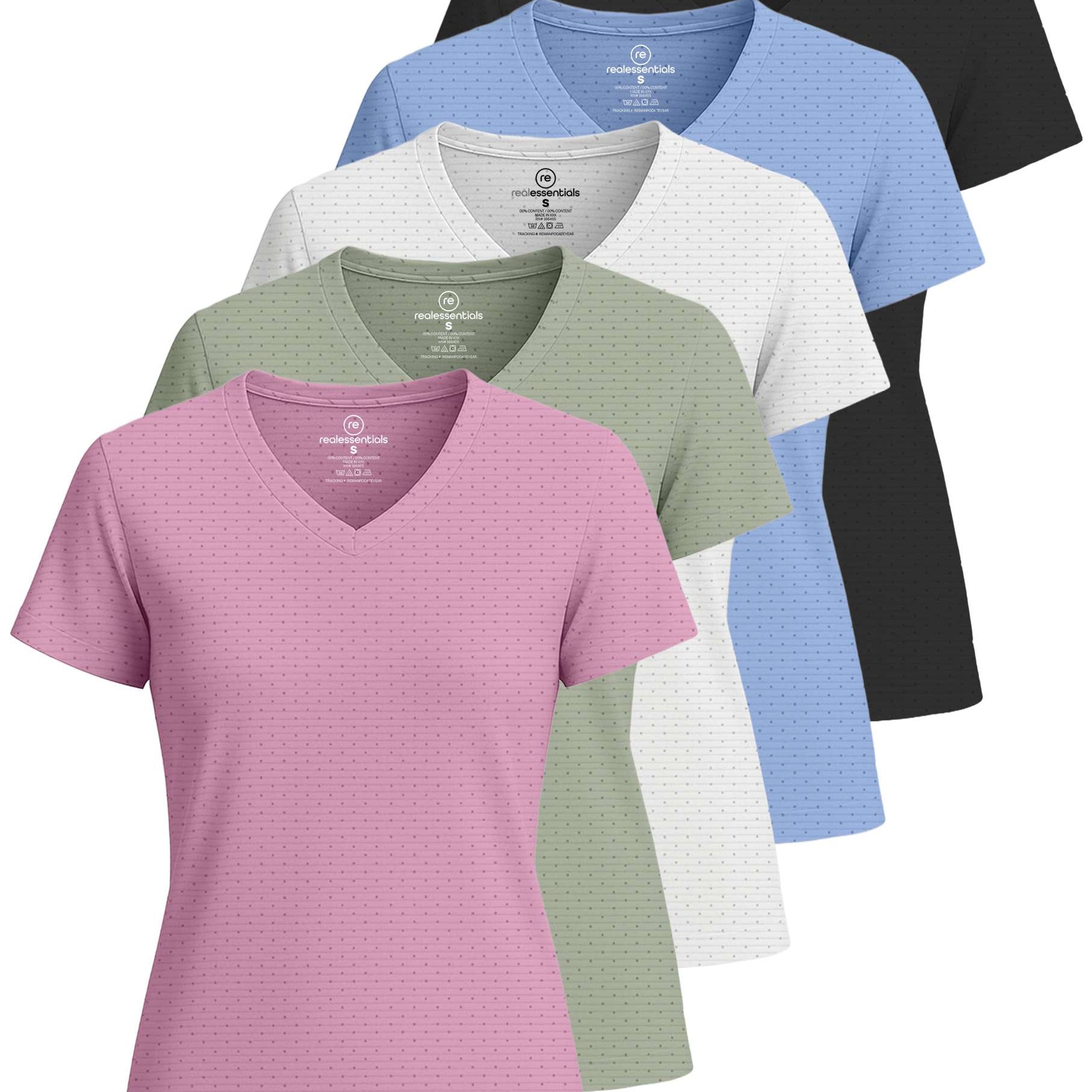 Real Essentials 5 Pack: Women's Short Sleeve Breeze Tech V-Neck T Shirt –Workout Top Wicking Dry Fit Athletic Tee (Plus)