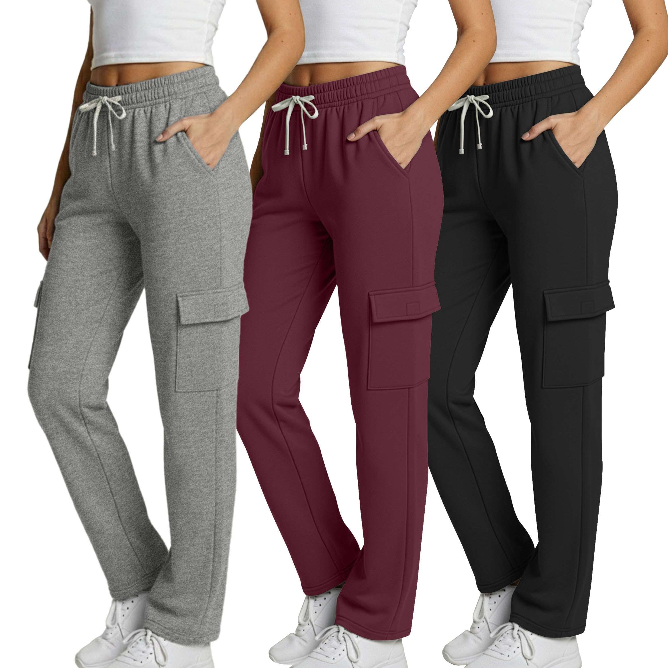 Real Essentials 3 Pack: Women's Fleece Cargo Sweatpants, Open Bottom Lounge & Athletic Casual Pants with Pockets