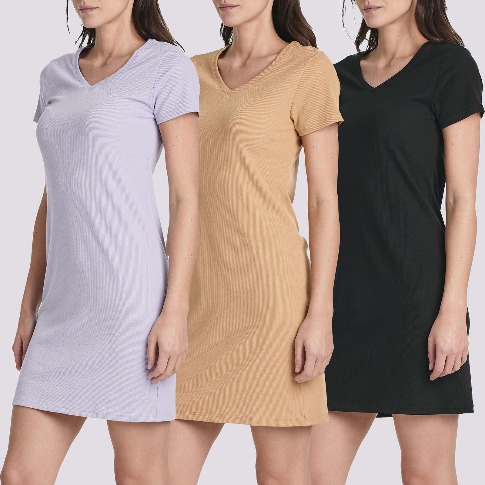 3 Pack: Women's Ribbed Knit Short-Sleeve V-Neck Swing Dress