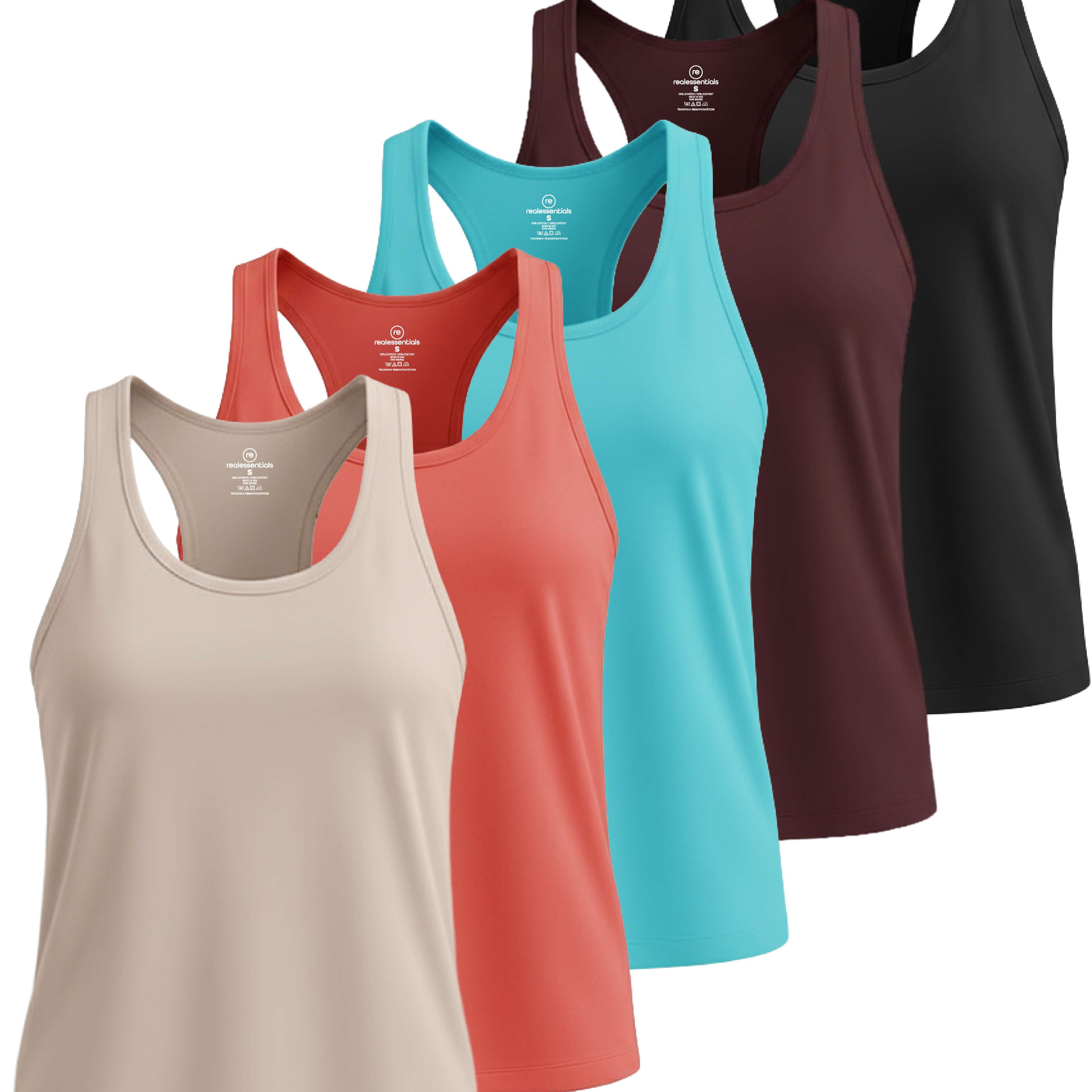 Real Essentials 5 Pack: Women's Dry Fit Tank Top - Racerback Sleeveless Workout Athletic Gym Shirt (Available in Plus)