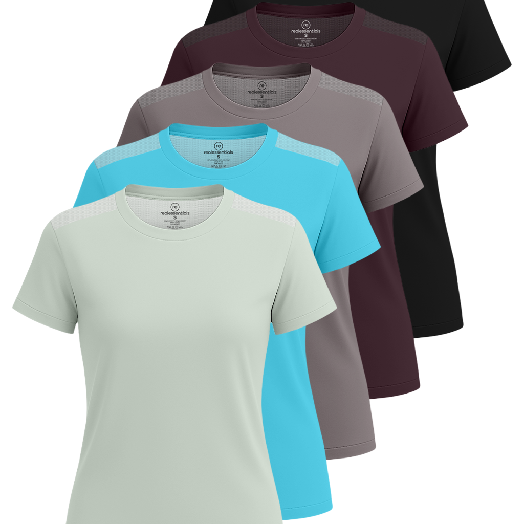 Real Essentials 5 Pack: Women's Short Sleeve Mesh Insert T-Shirts Athletic Tops Gym Workout Yoga Tennis Activewear (Plus)