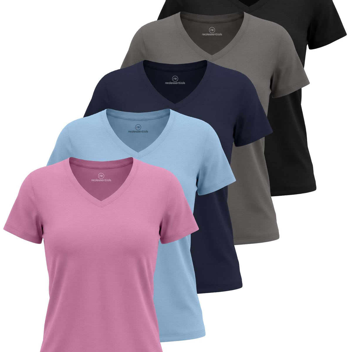 Real Essentials 5 Pack Women's V Neck Tshirts Short Sleeve Dry Fit Workout Tops Tees Shirts - Solid Black, Charcoal, Navy Blazer, Clear Sky, Solid Moonlight Mauve