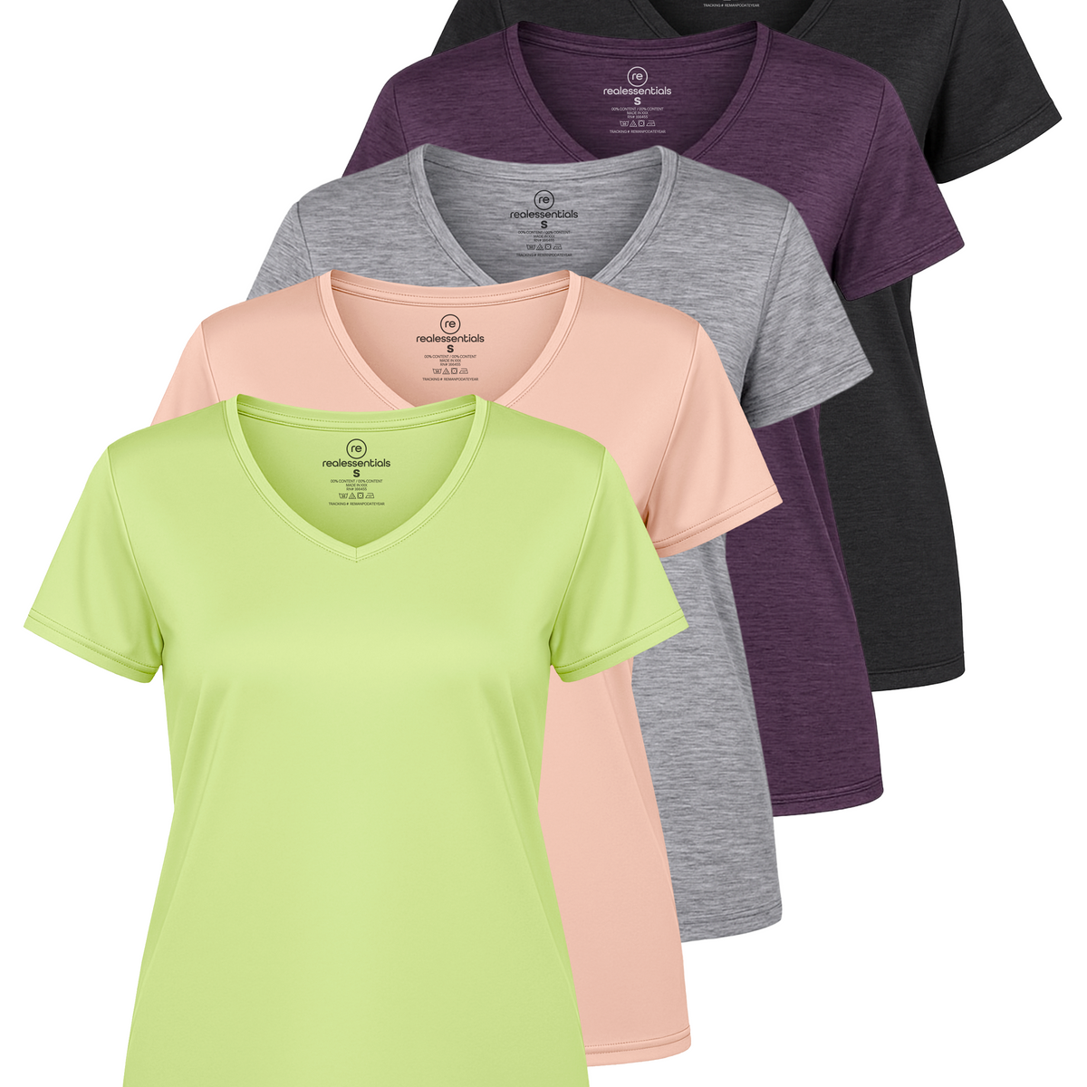Real Essentials 5 Pack Womens Dry Fit V Neck Workout Tops Athletic T Shirts Gym Yoga Tees - Set 11