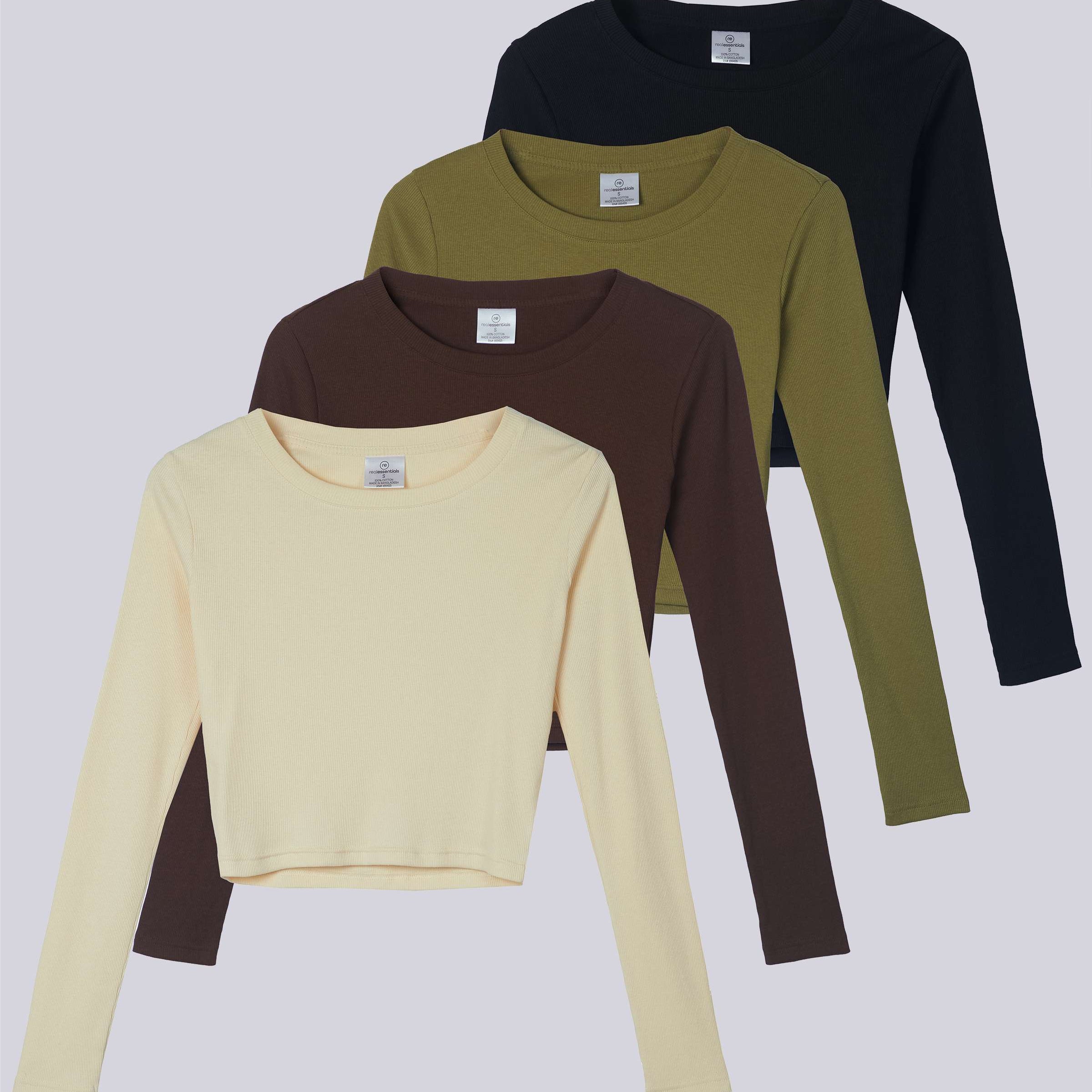 4 Pack: Women's Long Sleeve Ribbed Knit Crop Top (Available in Plus Size)