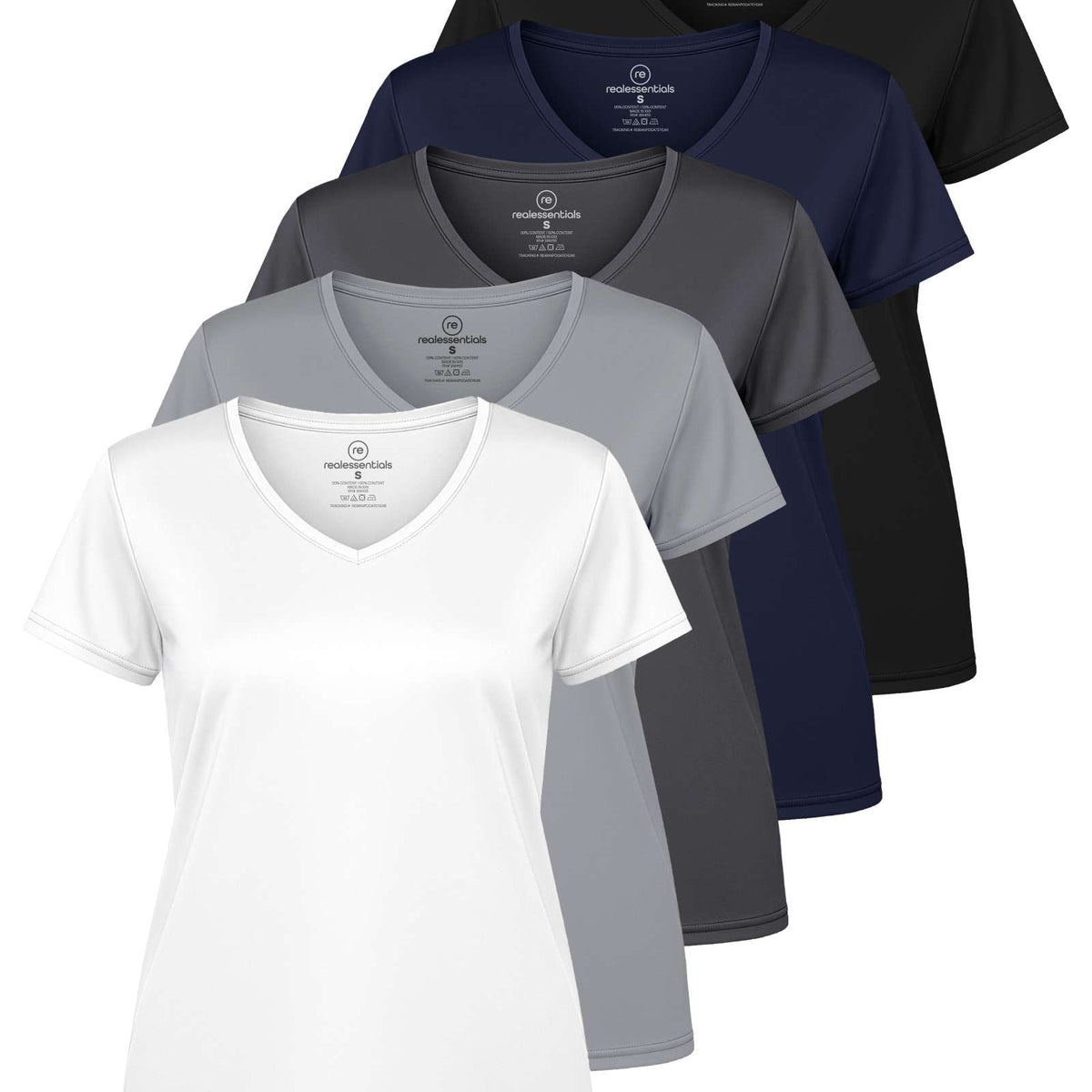 Real Essentials 5 Pack Womens Dry Fit V Neck Workout Tops Athletic T Shirts Gym Yoga Tees - Set 19