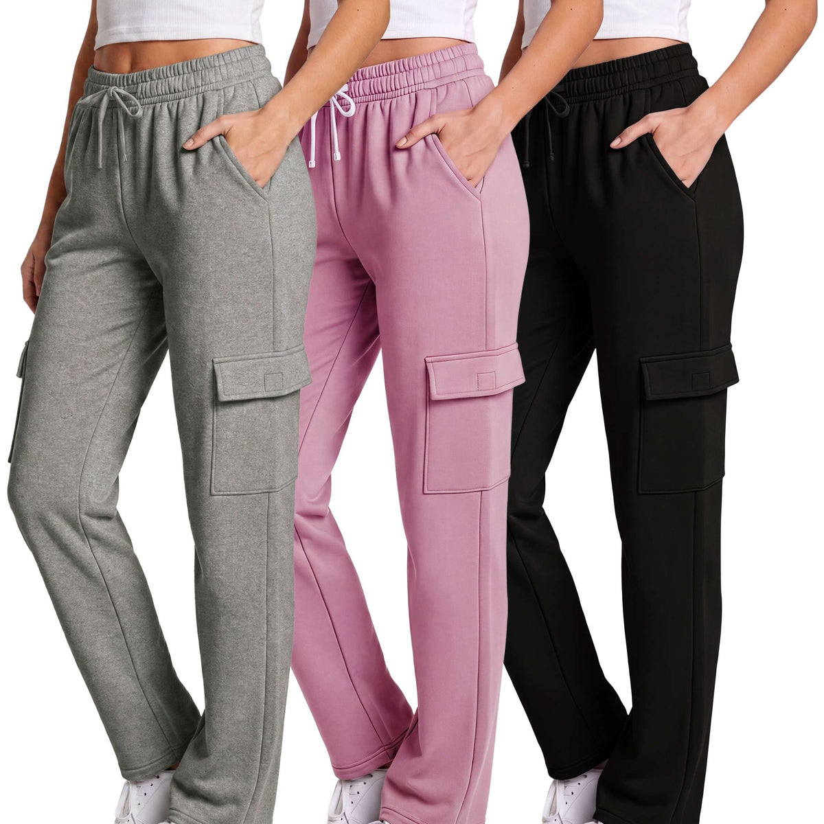 Real Essentials 3 Pack Women's Fleece Cargo Sweatpants Lounge Casual Sweat Pants Pockets - Solid Black, Solid Moonlight Mauve, Grey Heather