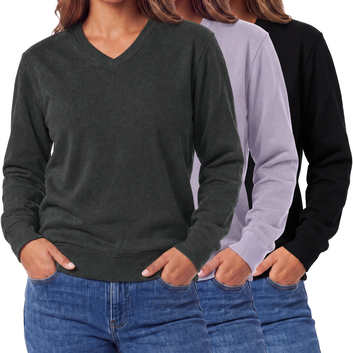 Real Essentials 3 Pack Womens Fleece V Neck Sweatshirt Pullover Sweaters Long Sleeve Top - Solid Black, Charcoal Heather, Solid Orchid Petal