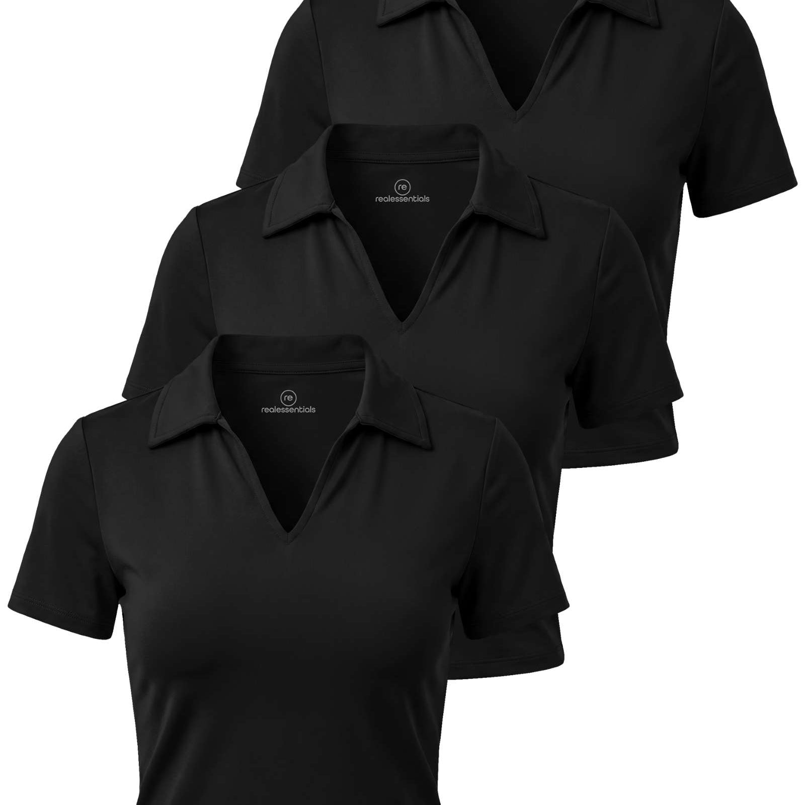 Real Essentials 3 Pack: Women's V Neck Crop Polo Shirts - Short Sleeve Sweater Dry Fit Golf Athletic Workout Collared Tops