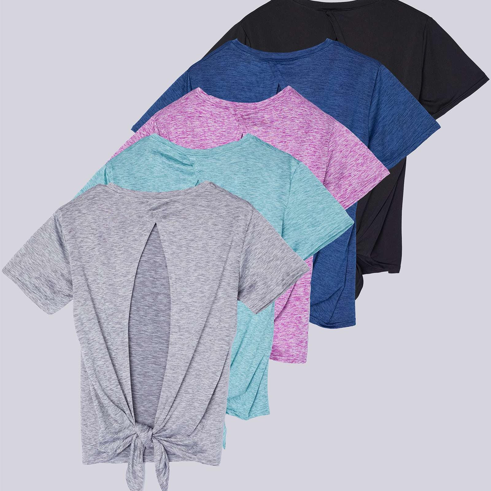 5 Pack: Women's Short Sleeve Open Back Tie Back Dry-Fit T-Shirt