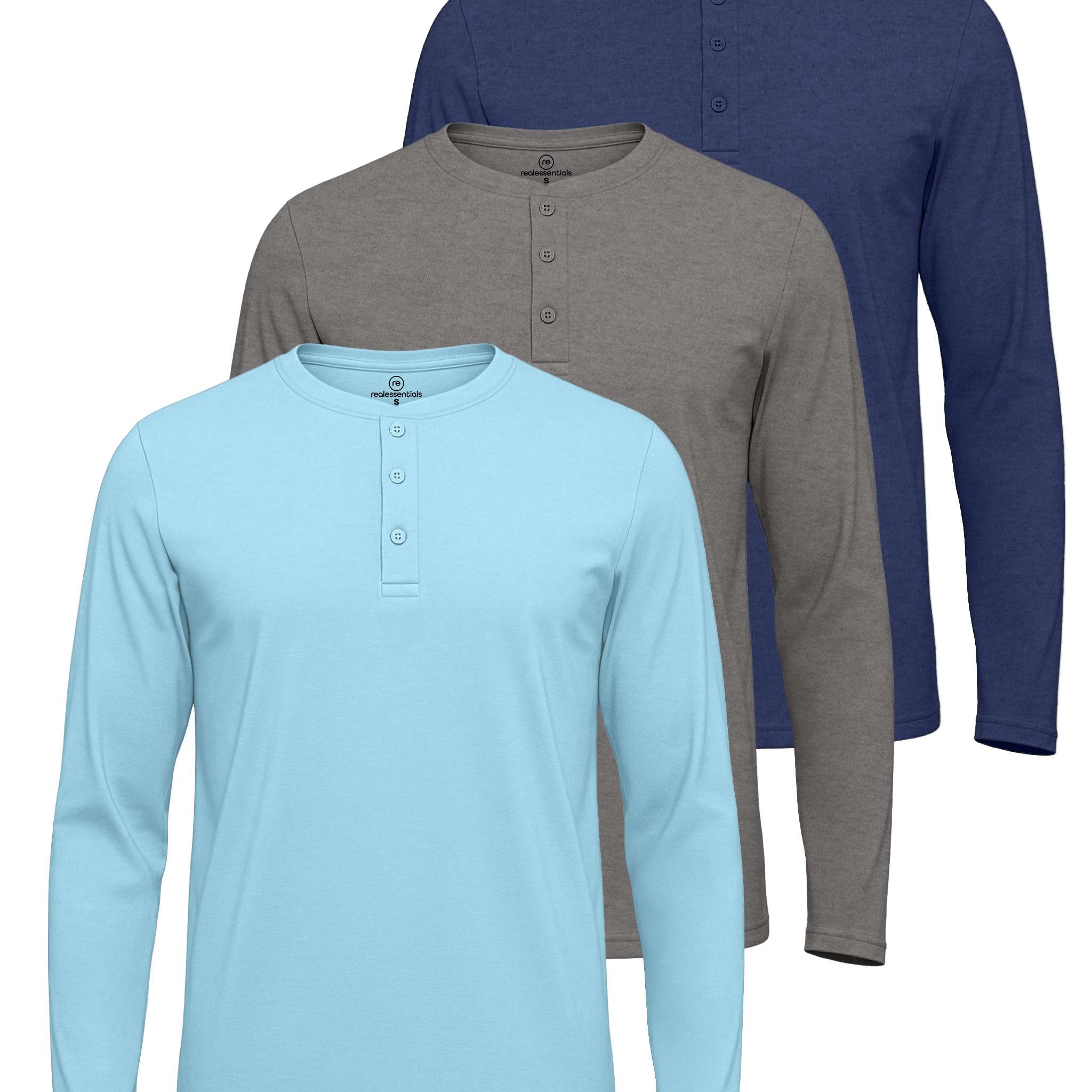 3 Pack: Mens Long Sleeve Cotton Henley T-Shirt