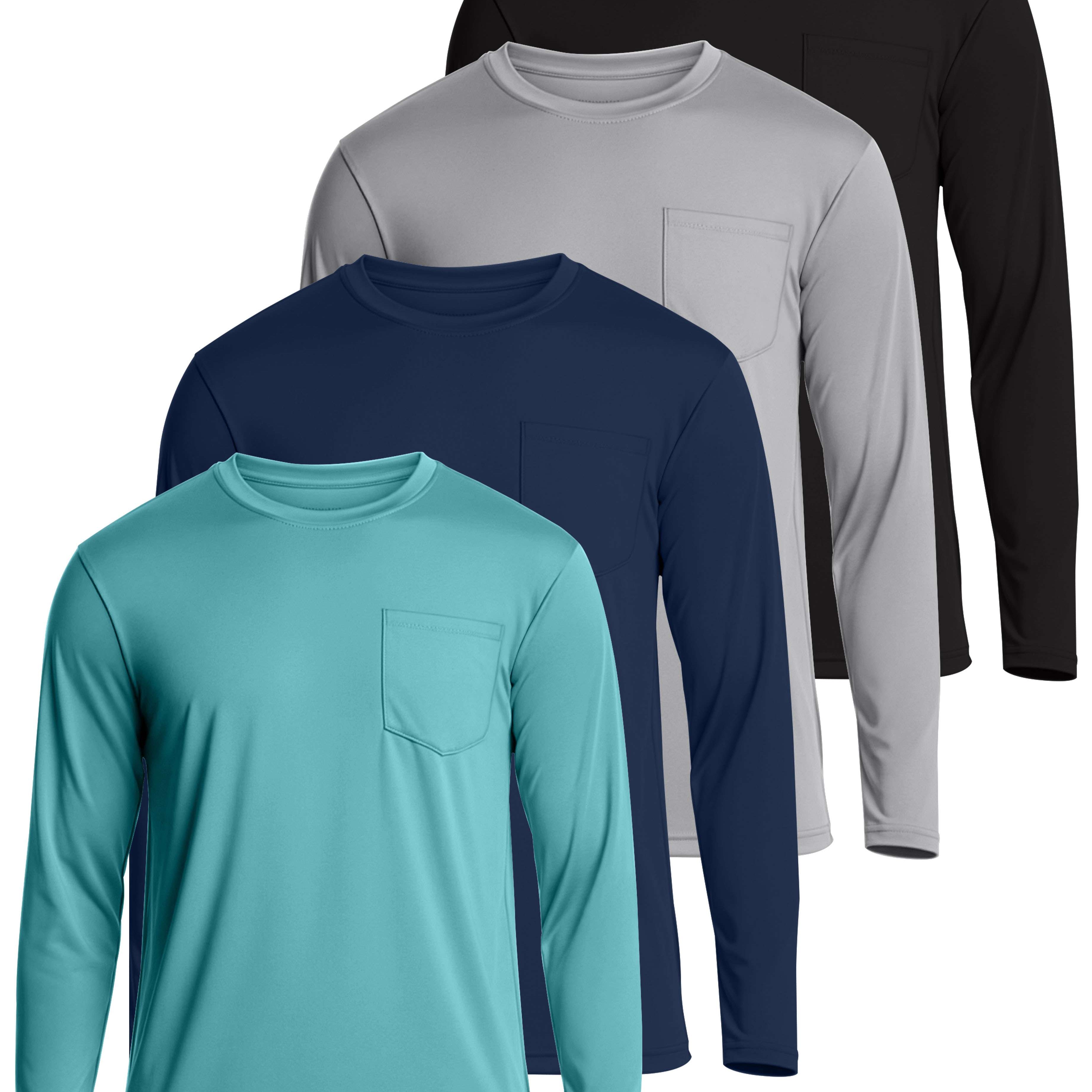 4 Pack: Mens Dry-Fit Long Sleeve Pocket Crew T-Shirt