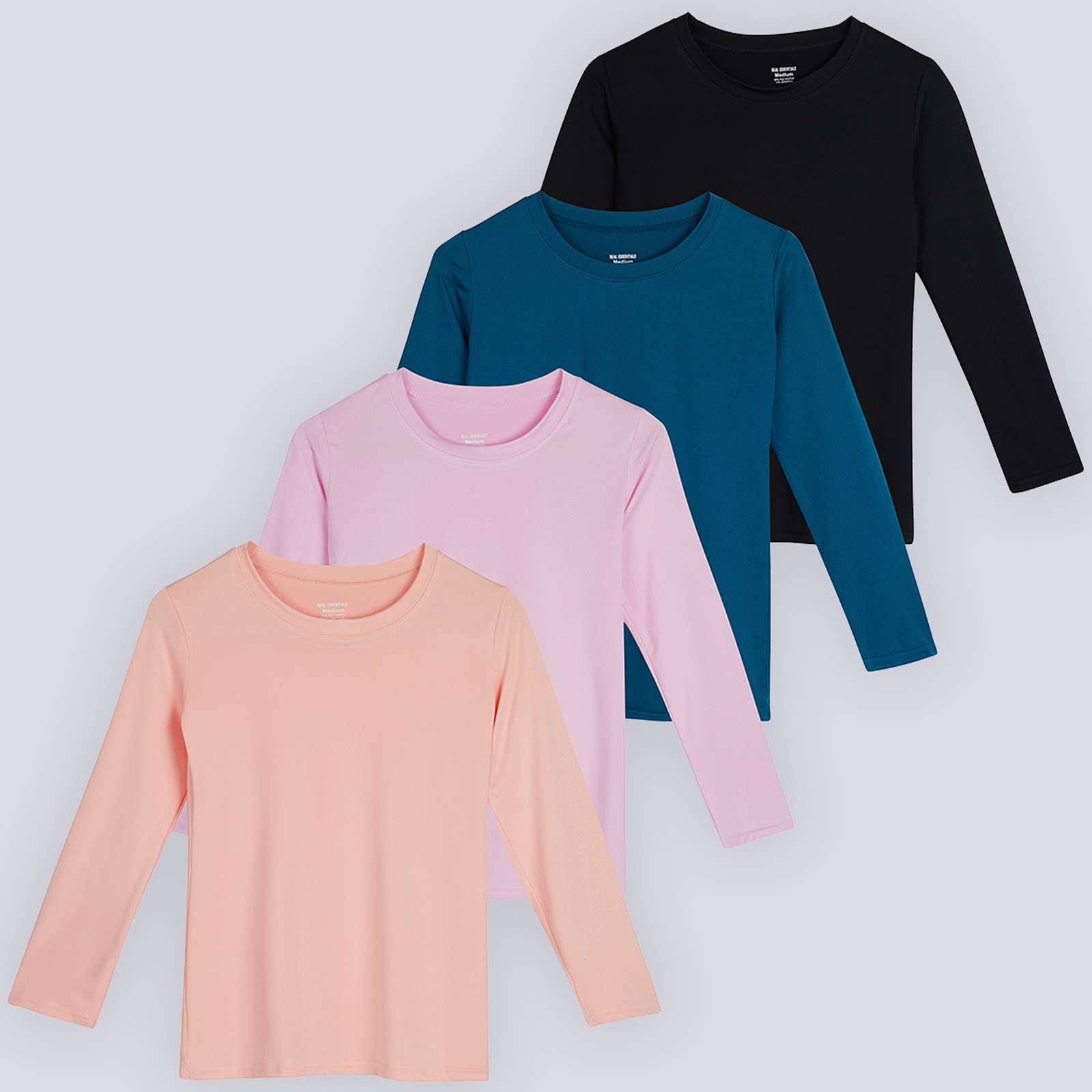 4 Pack: Girls Dry-Fit Long Sleeve Active Crew Neck T-Shirt