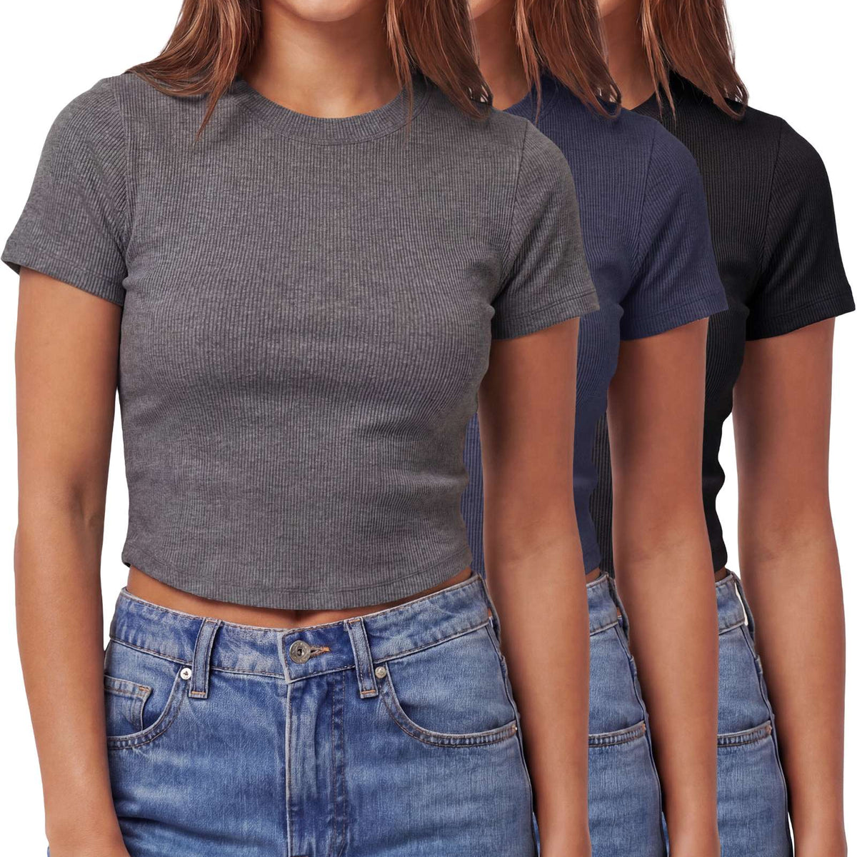 Real Essentials 3 Pack Women's Cropped Cotton Tshirts Ribbed Cap Sleeve Tees Going Out Tops - Solid Black, Solid Navy Blazer, Charcoal Heather