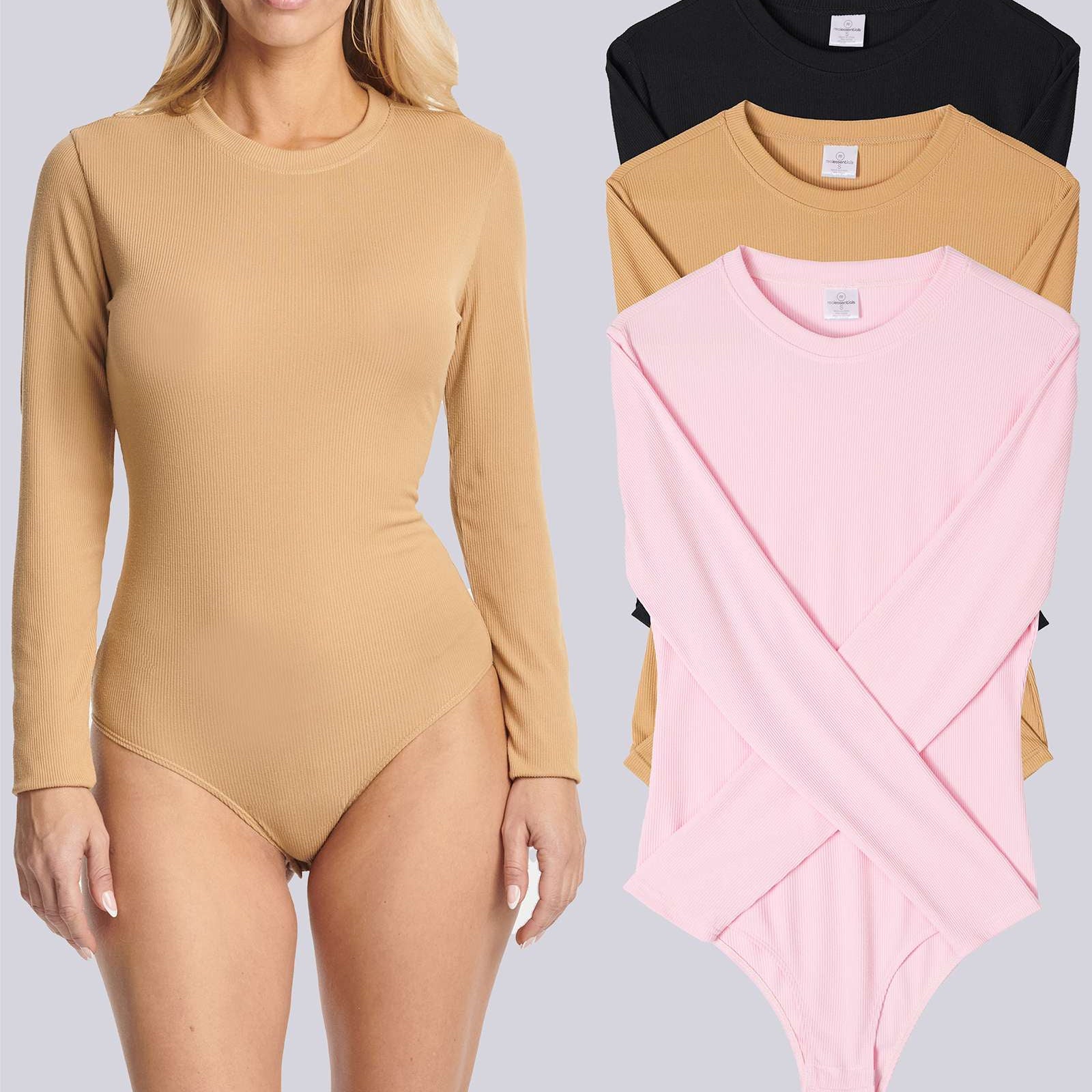 3 Pack: Women's Long Sleeve Ribbed Bodysuit