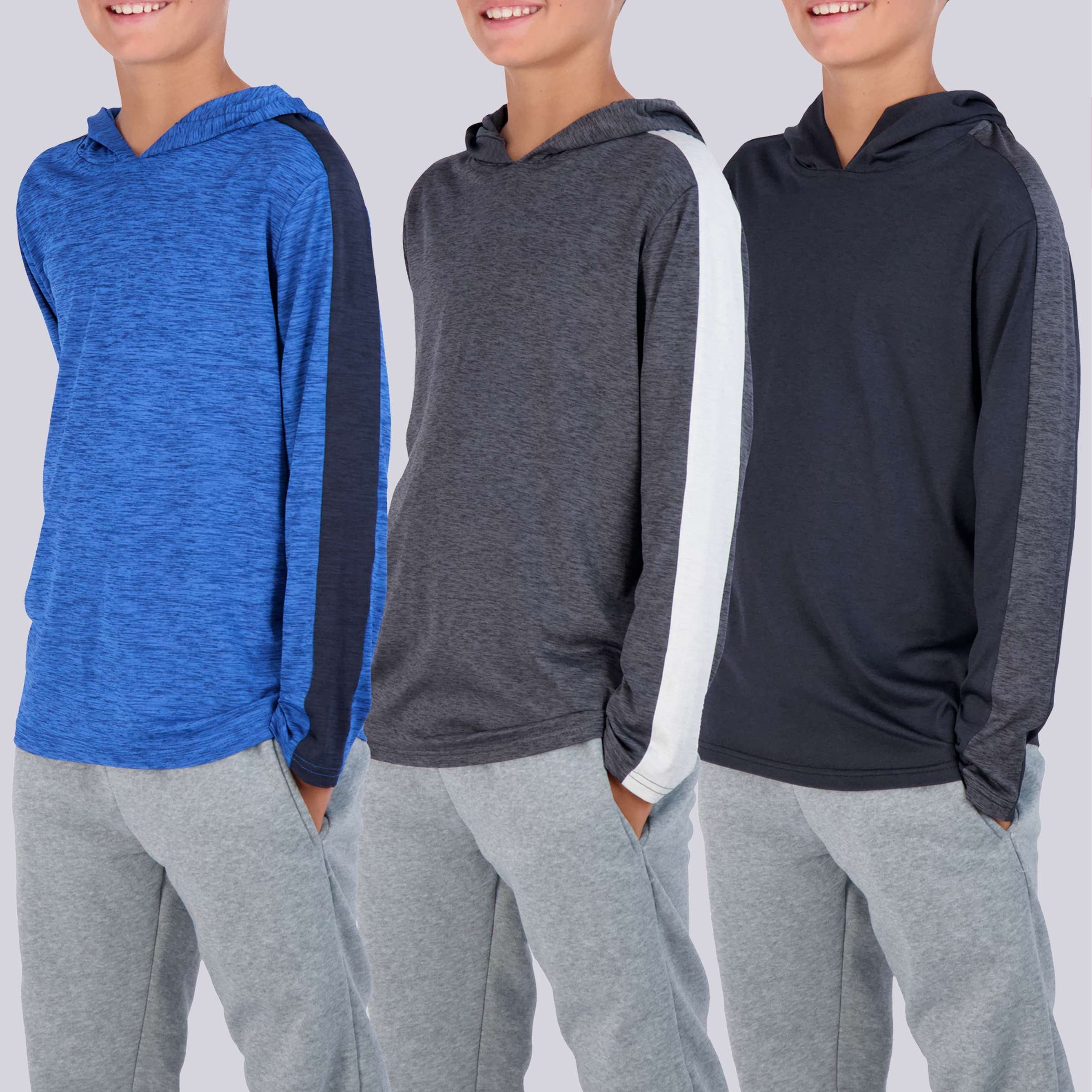 3 Pack: Boys Dry Fit Long Sleeve Active Pullover Hoodie Sweatshirt